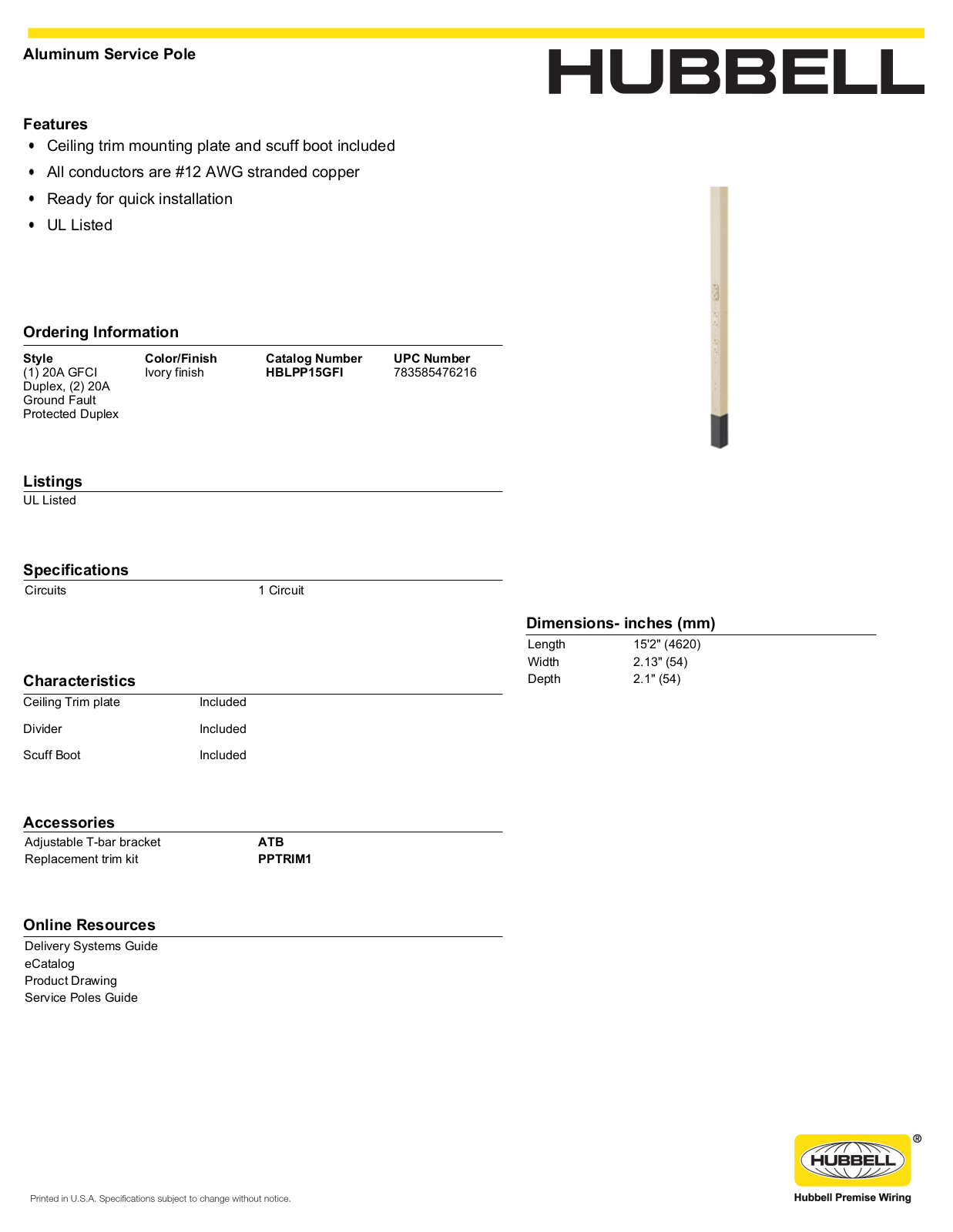 Hubbell HBLPP15GFI Specifications