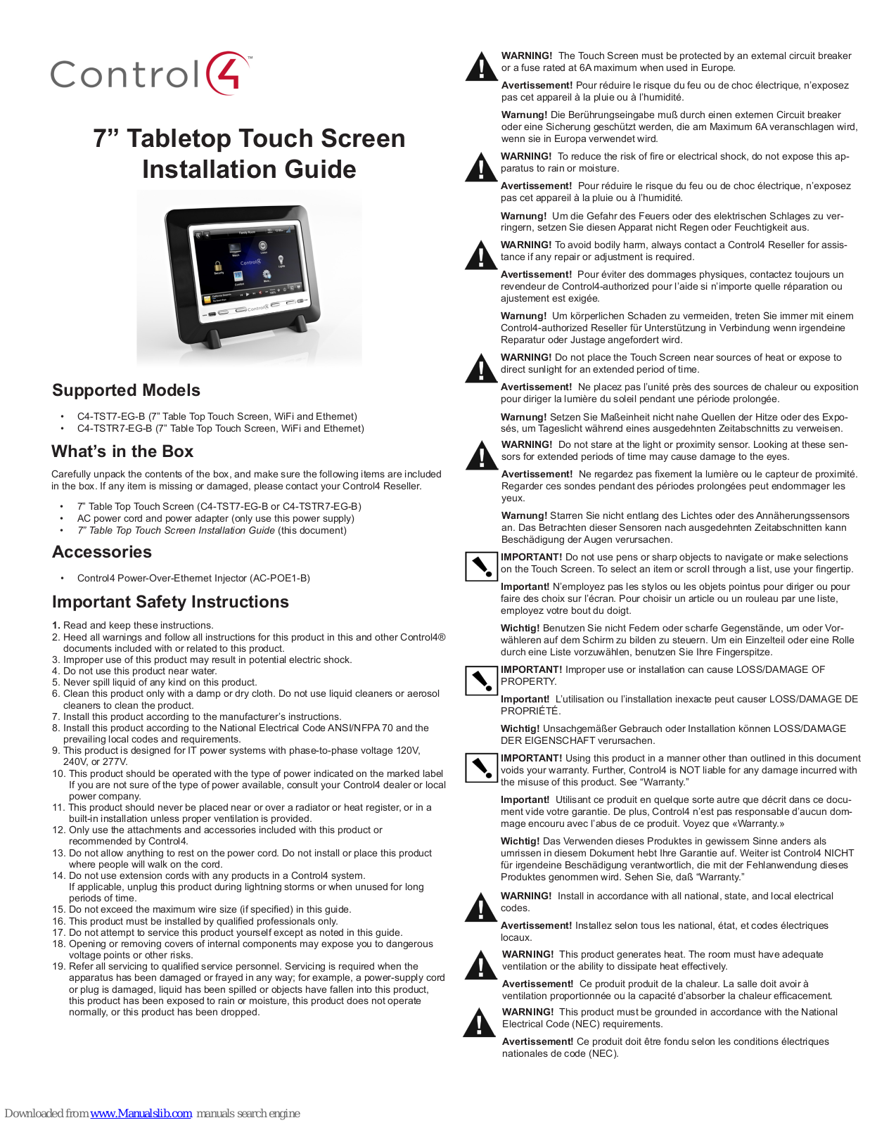 Control 4 c4-tst7-eg-b, c4-tstr7-eg-b Installation Manual