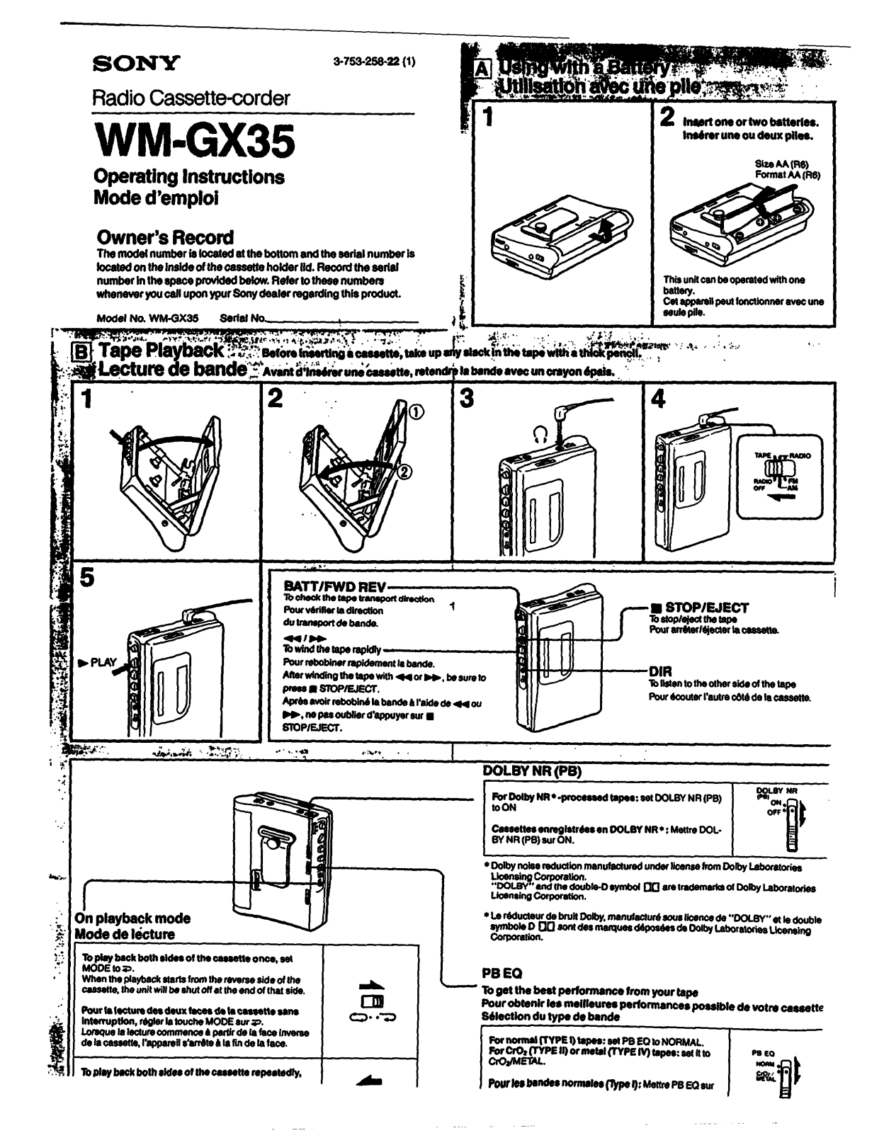 Sony WM-GX35 User Manual