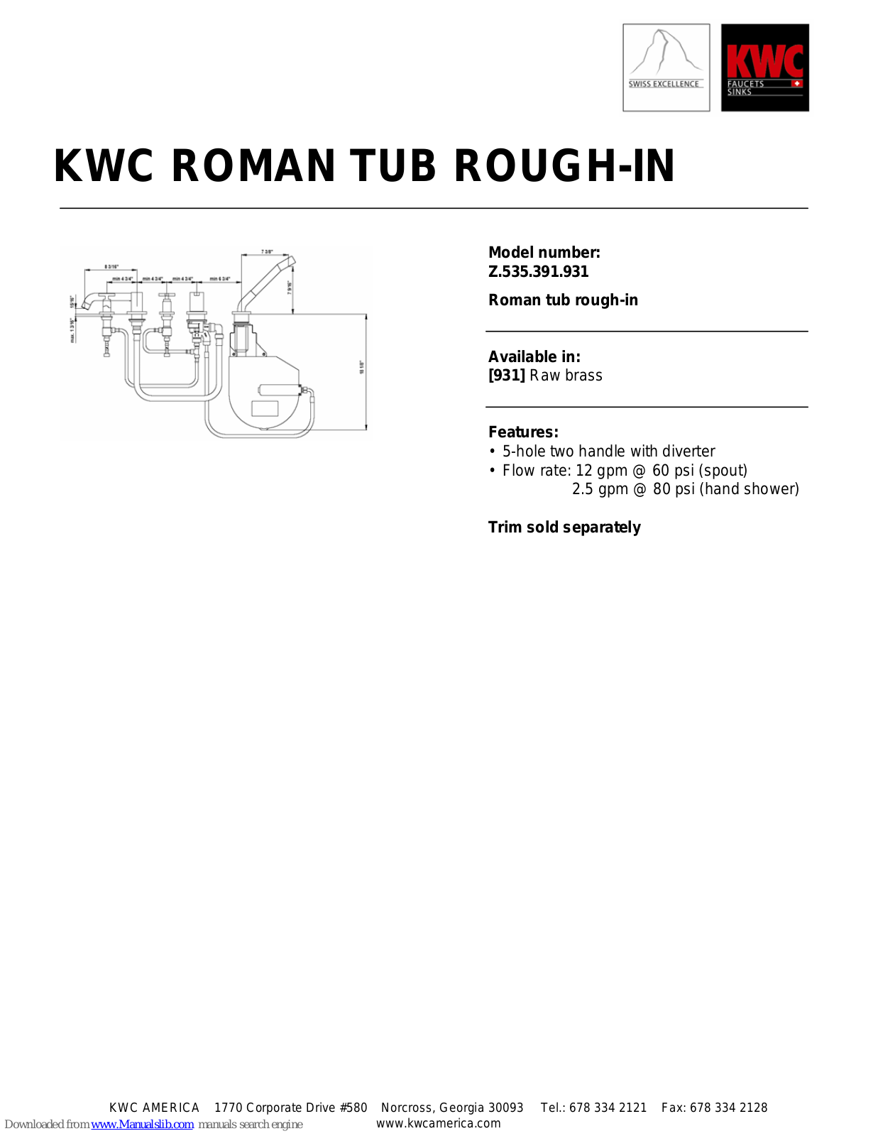 KWC Roman Tub Rough-In Z.535.391.931 Specification Sheet