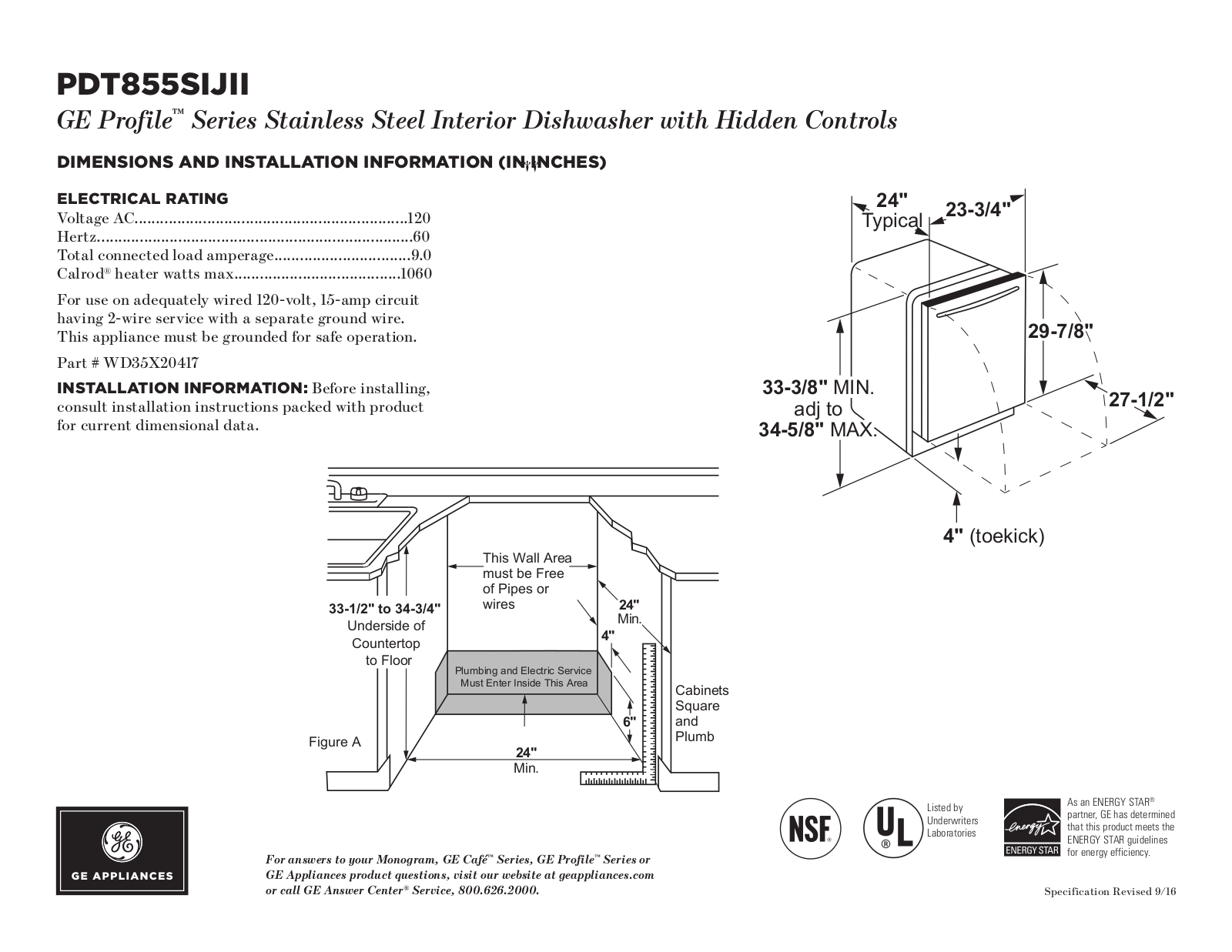 GE PDT855SIJII Specification Sheet