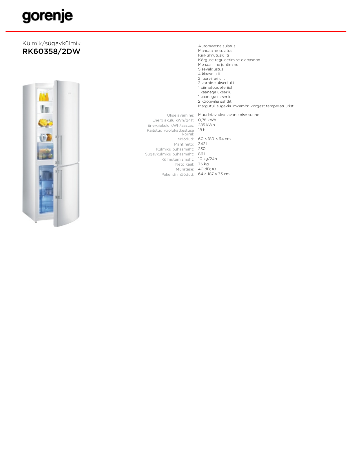 Gorenje RK60358-2DW DATASHEET