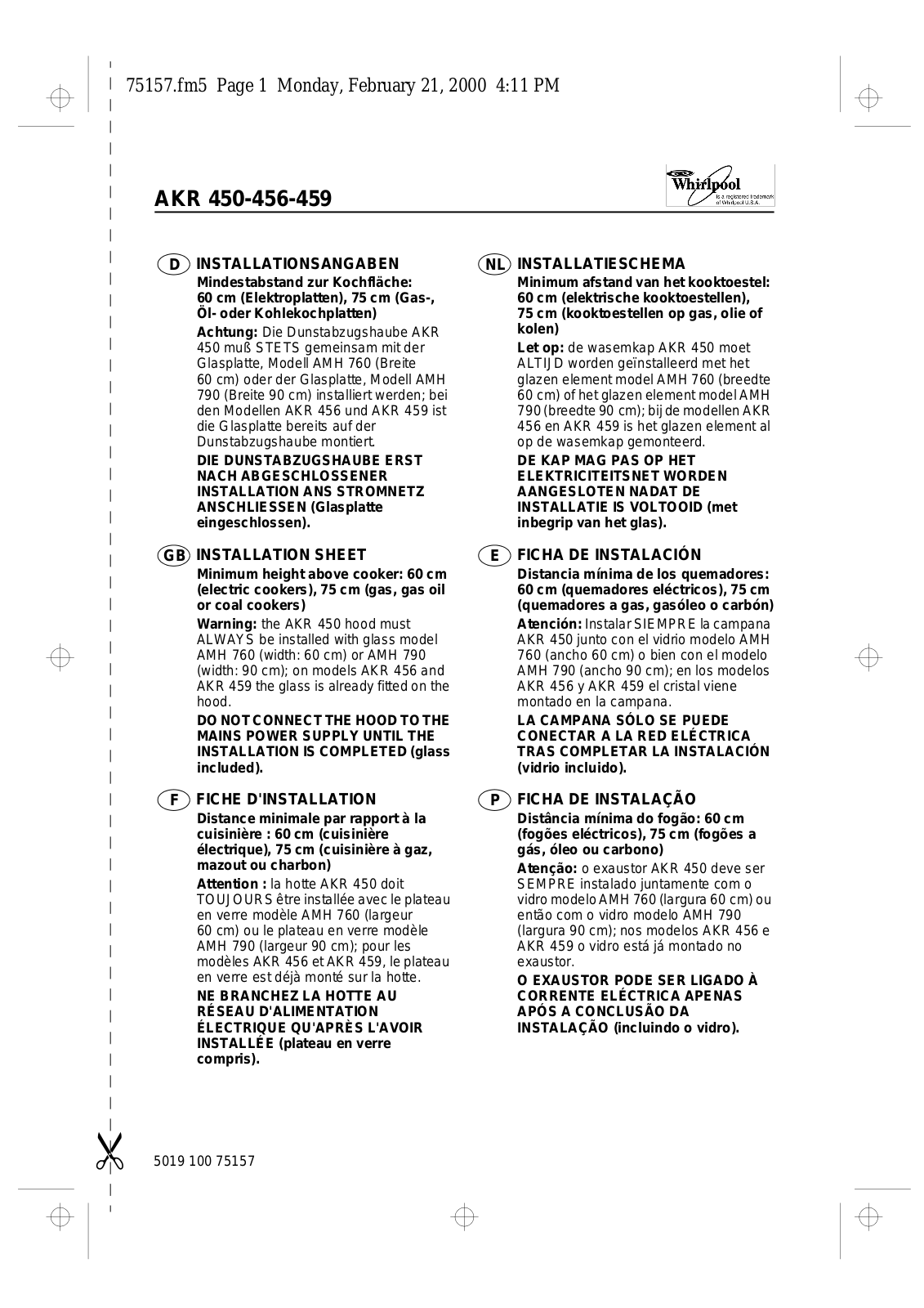 Whirlpool AKR 450, AKR456, AKR459 Installation sheet