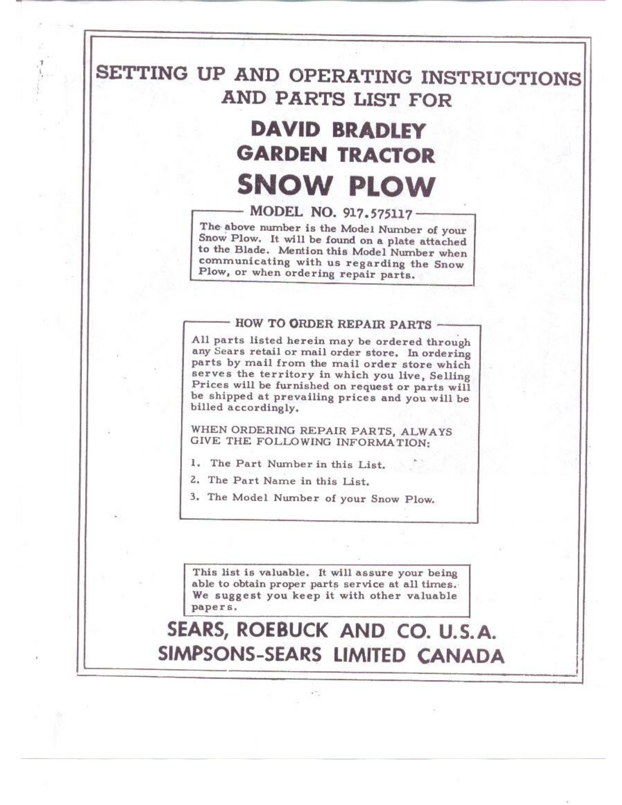 David Bradley 917.575117 Operating instructions