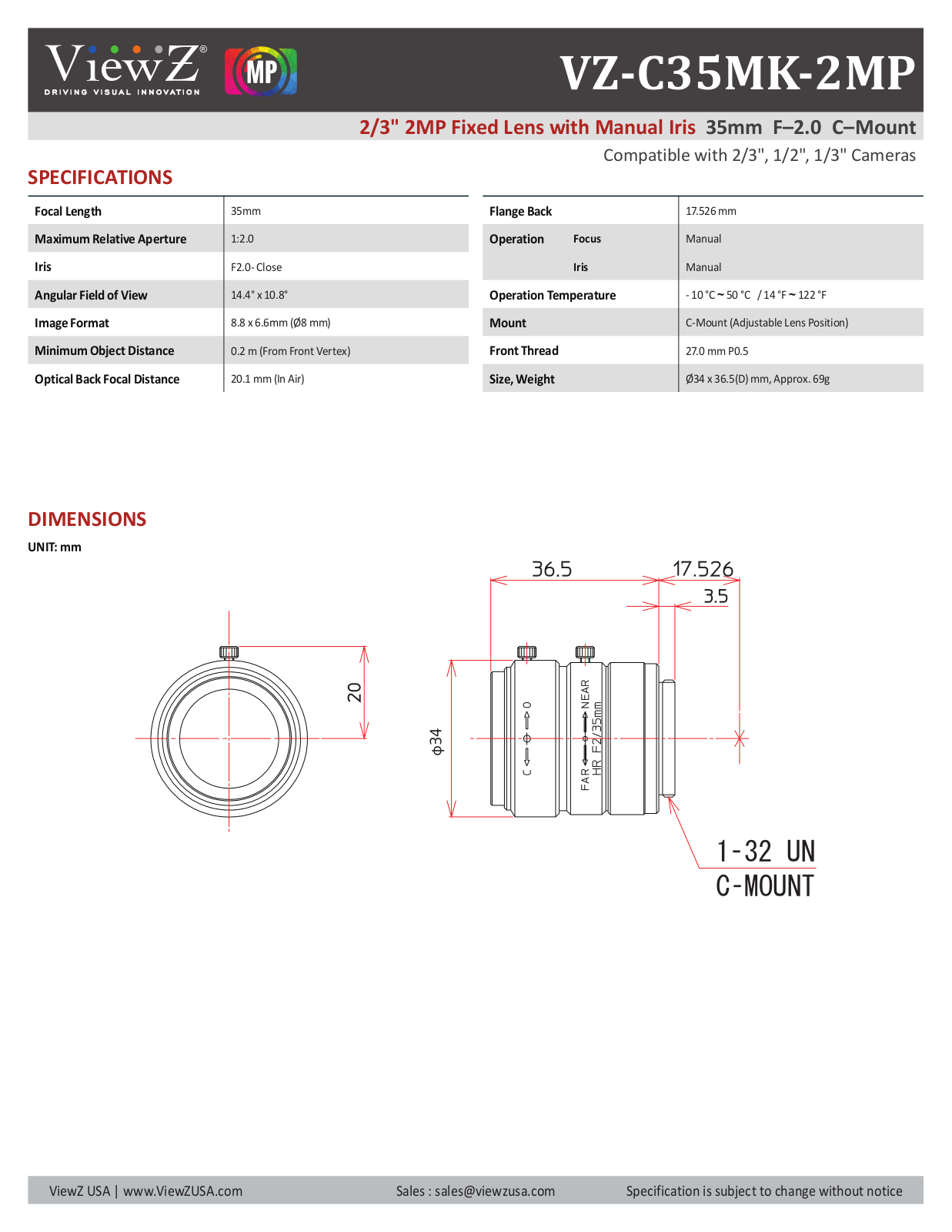 ViewZ VZ-C35MK-2MP Specsheet