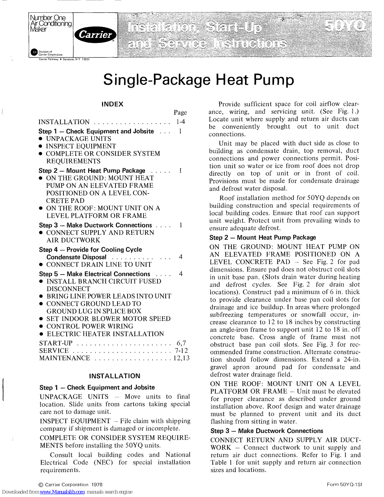 Carrier SINGLE-PACKAGE HEAT PUMP 50YQ, 50YQ024, 50YQ030, 50YQ036, 50YQ042 Installation, Start-up And Service Instructions Manual