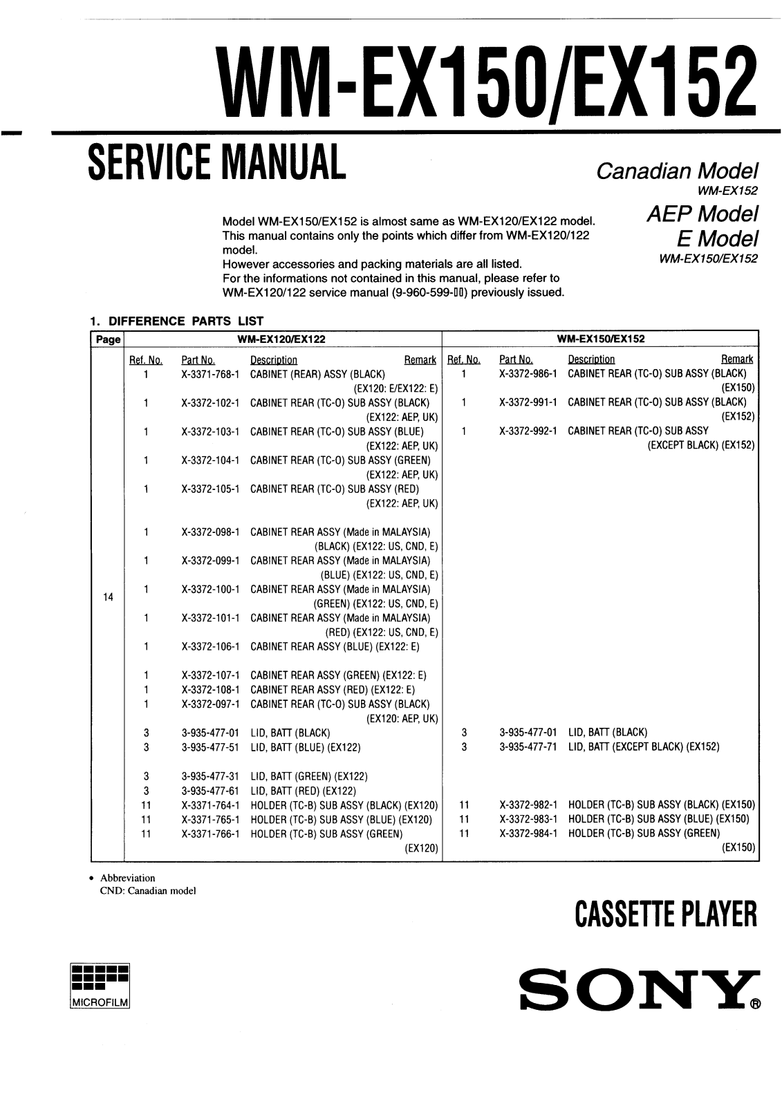 Sony WMEX-152, WMEX-150 Service manual