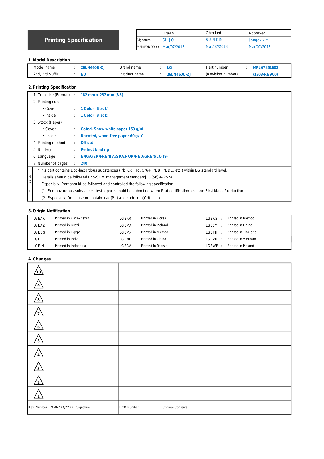 LG Electronics 26LN460U-ZJ Specification