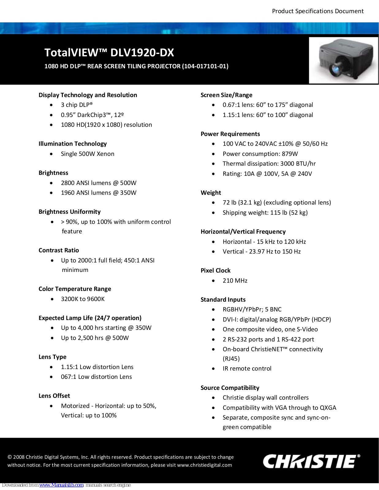 Christie TotalVIEW DLV1920?DX Product Specifications Document