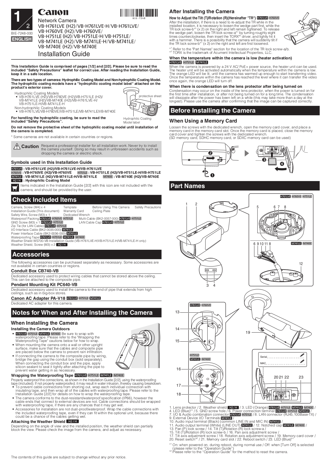 Canon VB-H761LVE H2, VB-H760VE, VB-H751LE, VB-H751LE H2, VB-H751LE-H Installation Manual