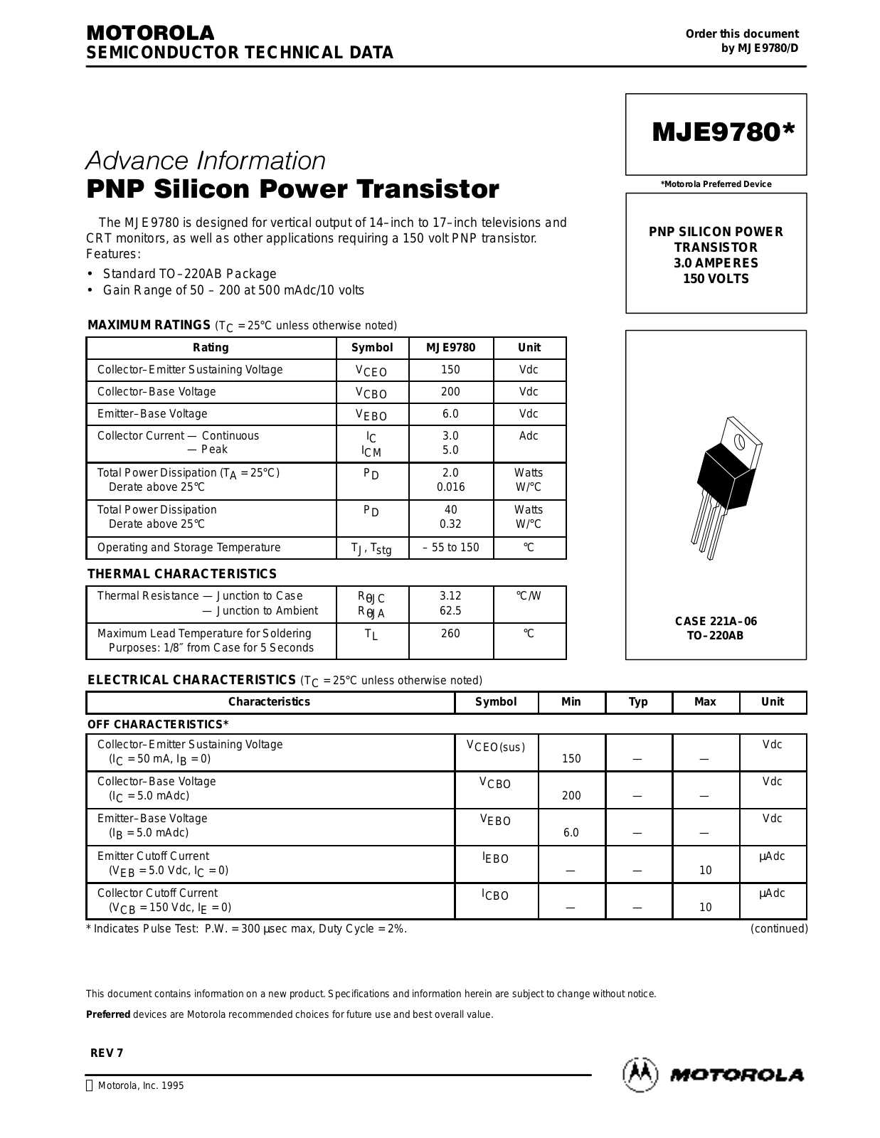 Motorola MJE9780 Datasheet