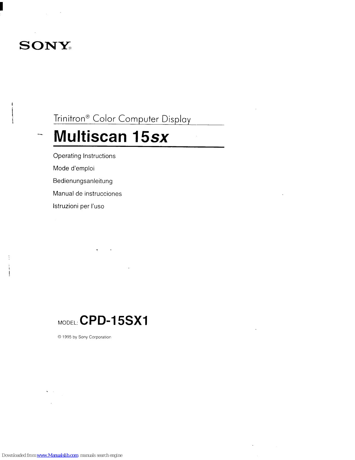 Sony CPD-15SX1 Operating Instructions (primary manual), Multiscan 15sx Operating Instructions Manual