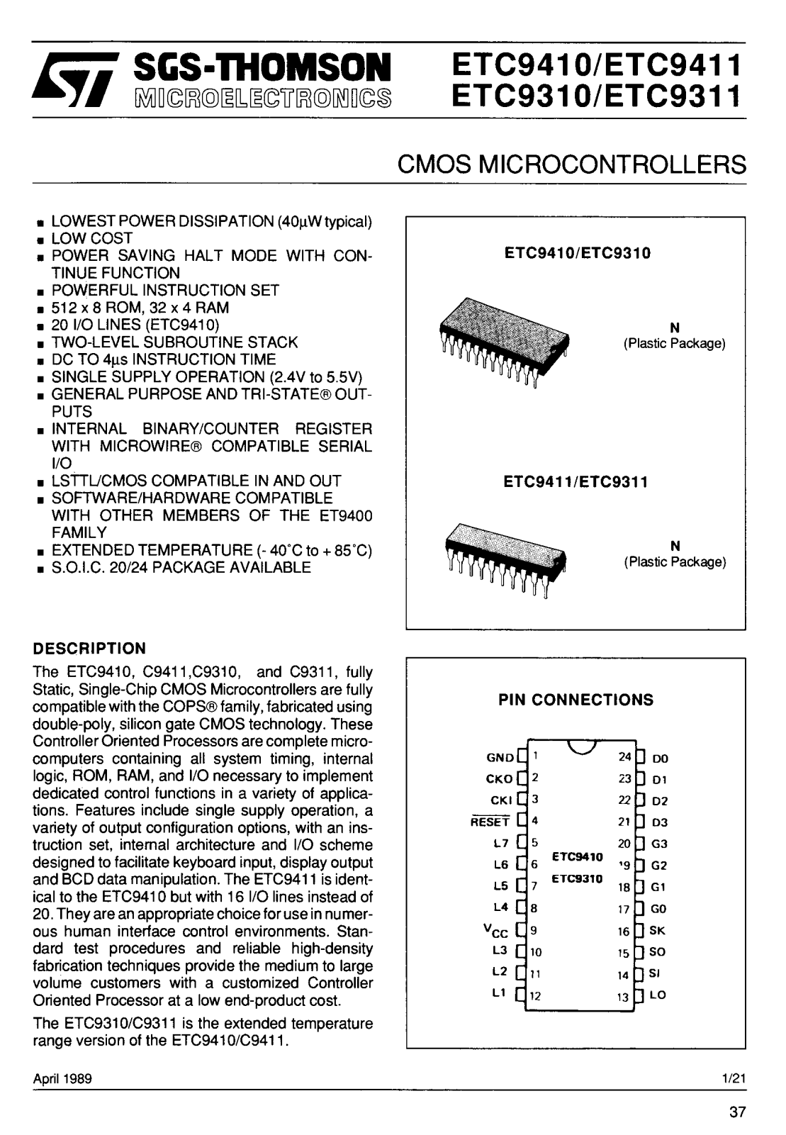 SGS-THOMSON ETC9410 Technical data