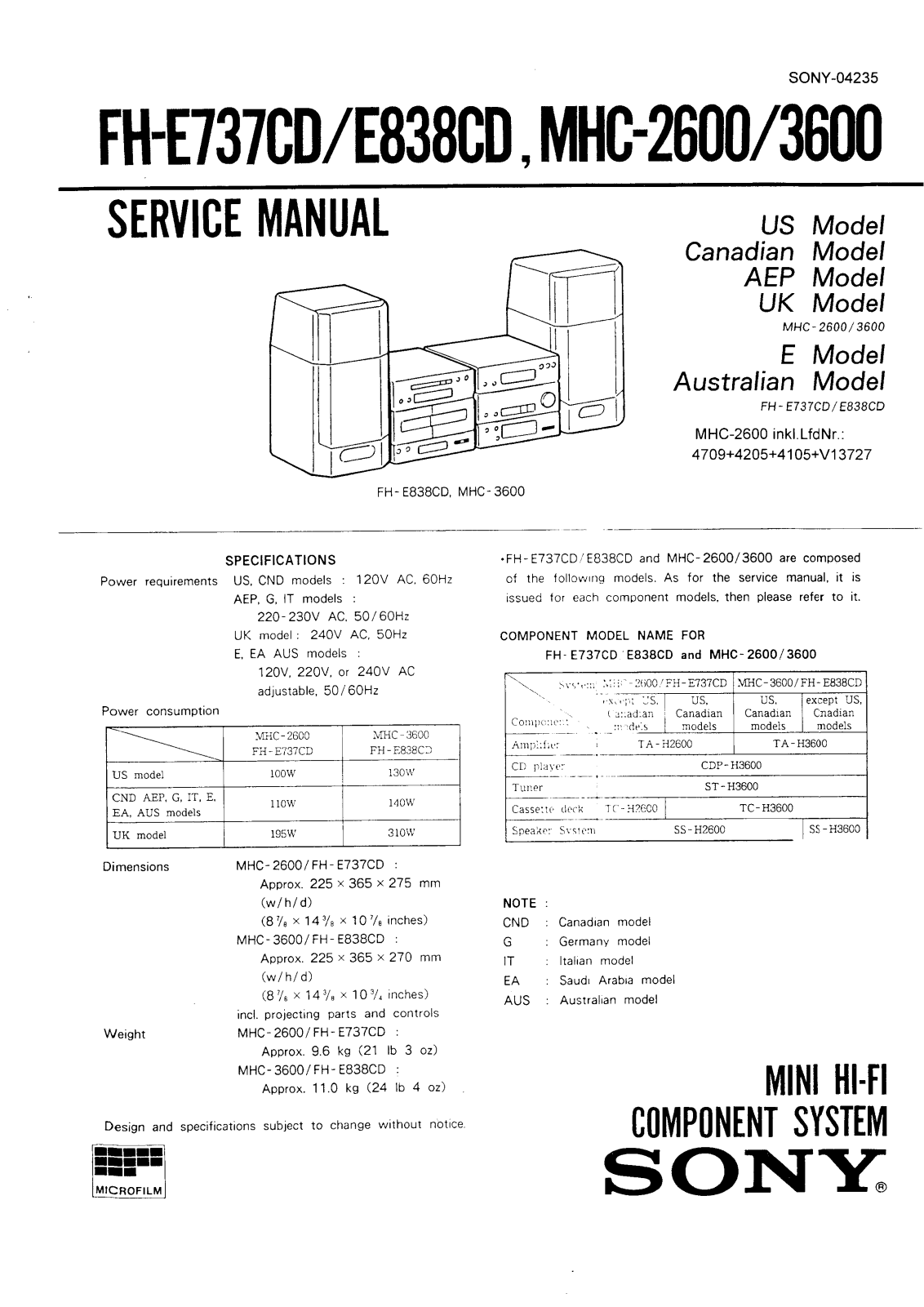 Sony FH-E737CD, FH-E838CD, MHC-2600, MHC-3600 Service Manual