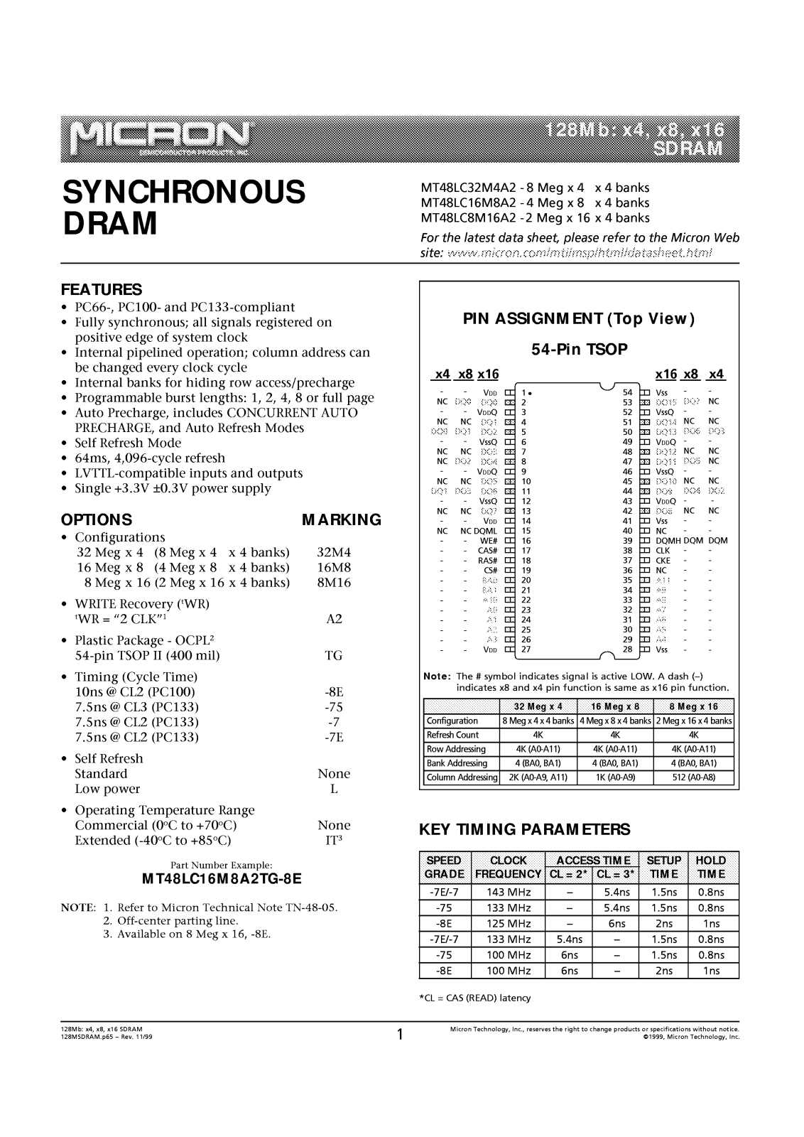 MICRON MT48LC8M16A2TG-8EIT, MT48LC8M16A2TG-8EL, MT48LC8M16A2TG-8ELIT, MT48LC8M16A2TG-75L, MT48LC8M16A2TG-7 Datasheet