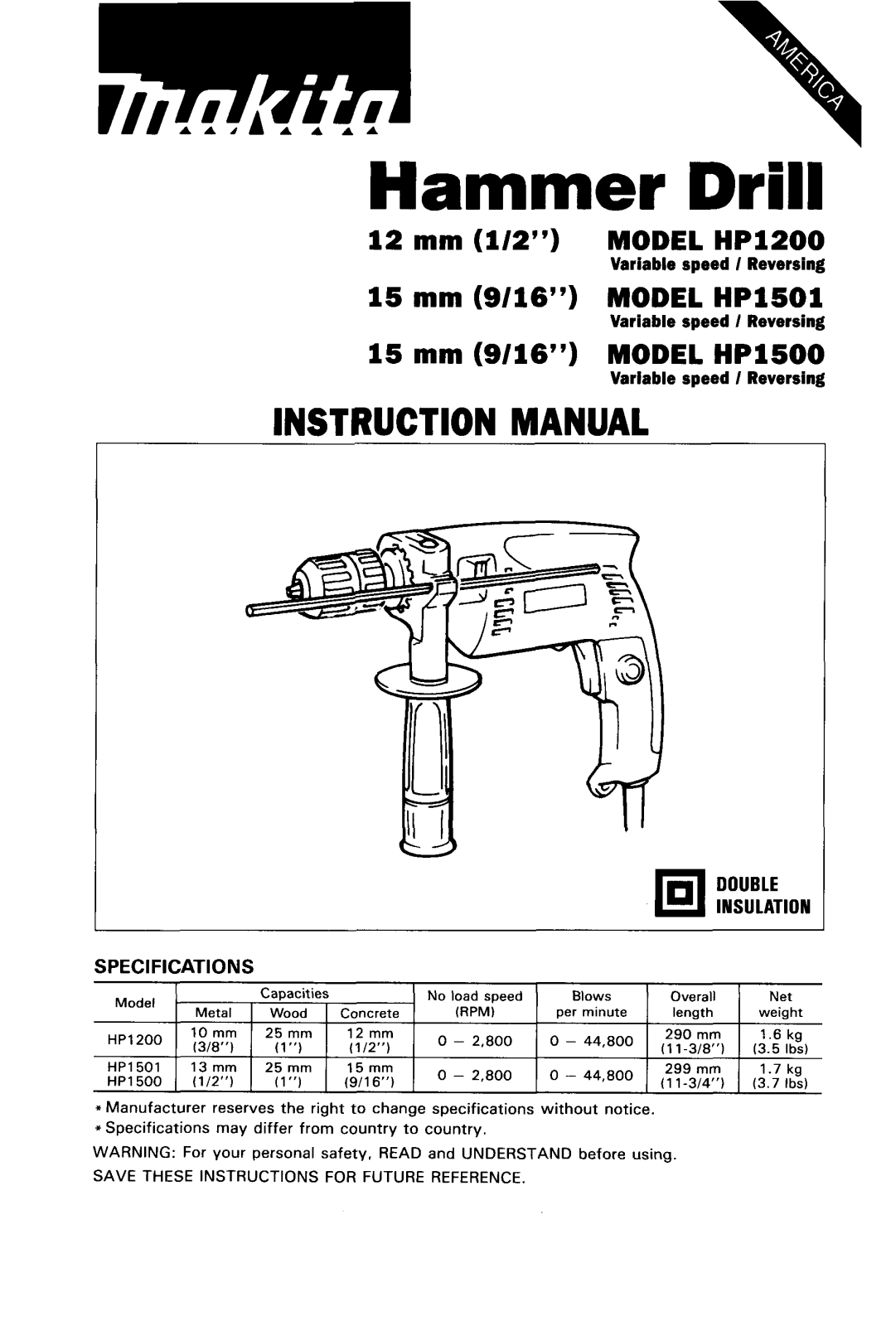 makita HP1200, HP1501, HP1500 Instruction Manual