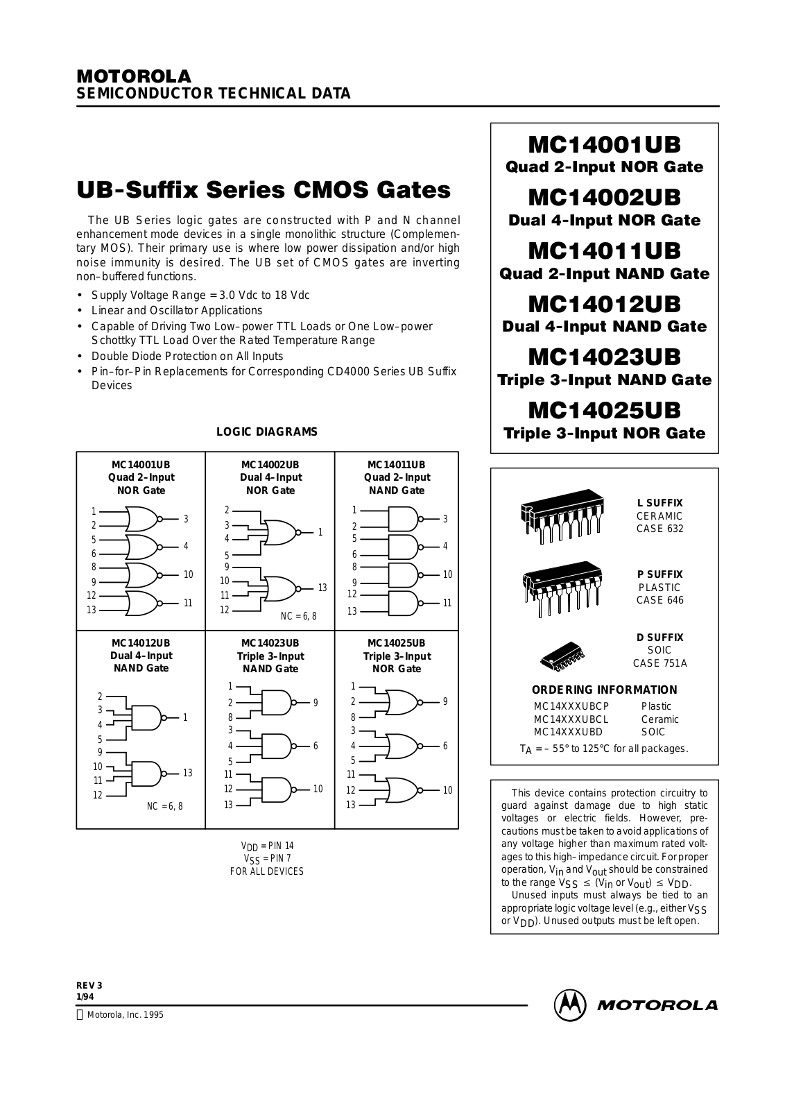 Motorola MC14025UBCL, MC14025UBCP, MC14025UBD, MC14023UBCL, MC14023UBCP Datasheet