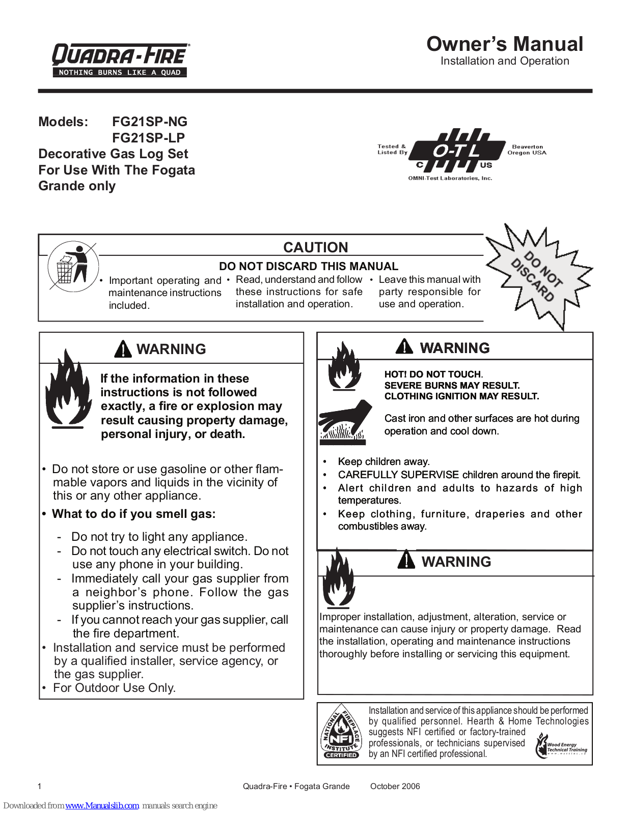 Quadra-Fire FOGATAGRANDE FG21SP-LP Owner's Manual