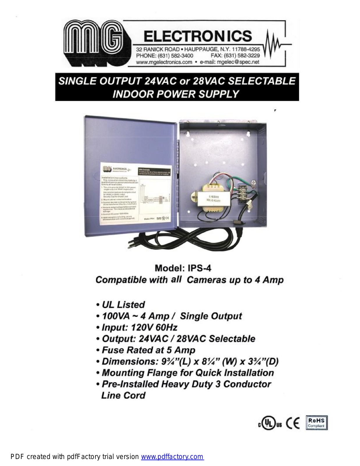 MG Electronics IPS-4 Specsheet