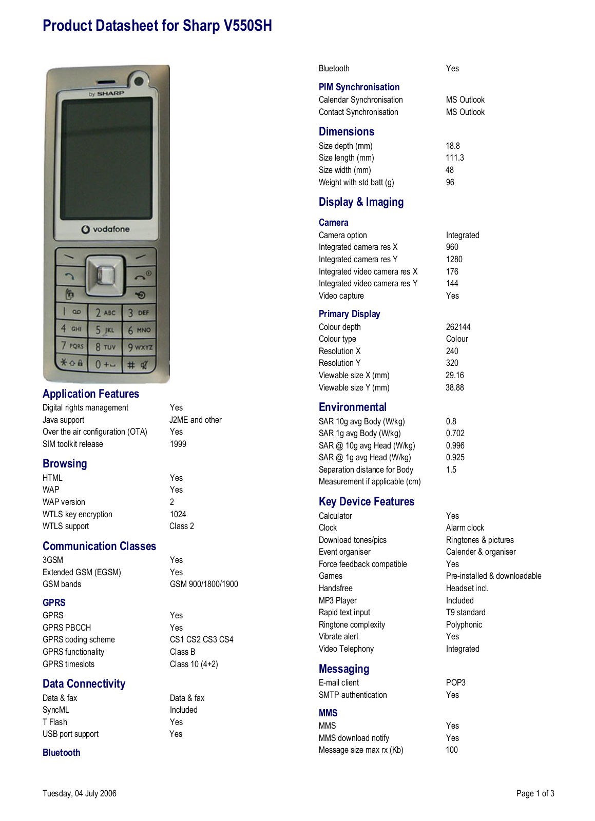 Sharp V550SH User Manual