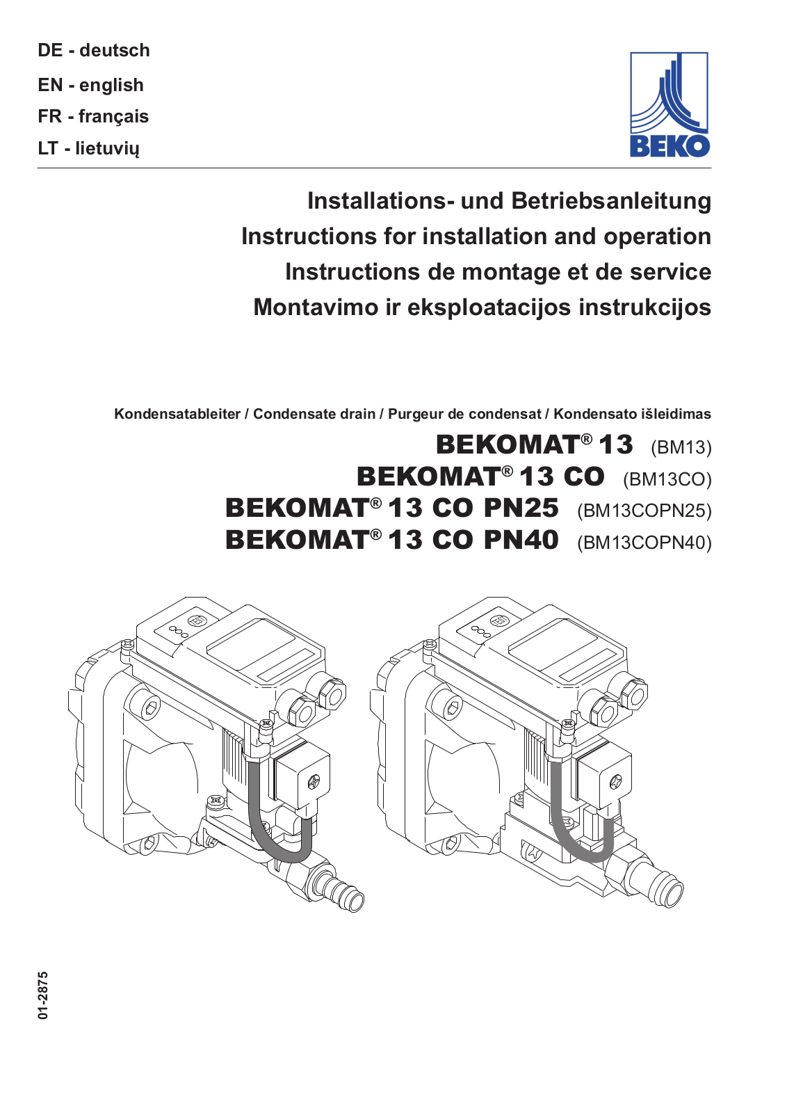 Beko BEKOMAT 13, BEKOMAT 13 CO, BEKOMAT 13 CO PN25, BEKOMAT 13 CO PN40 Instructions For Installation And Operation Manual