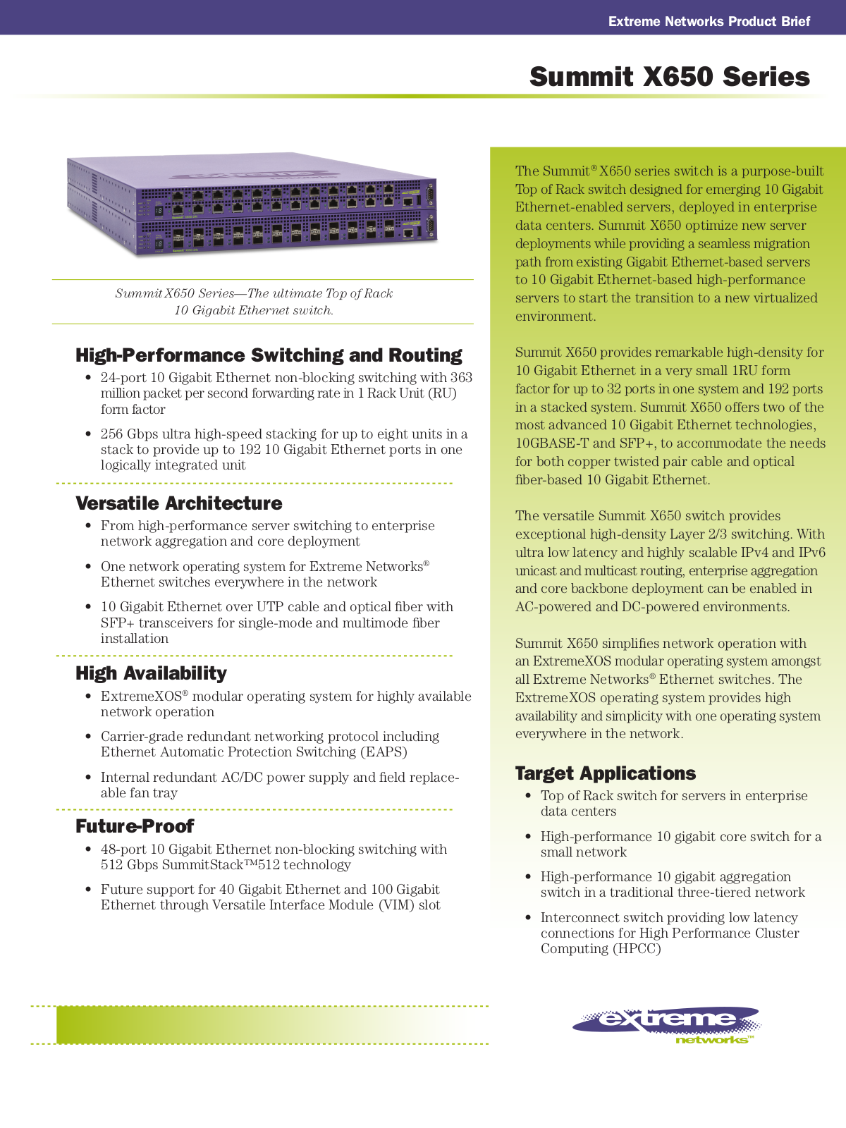 Extreme Networks Summit X650-24x, Summit X650-24t Product Brief