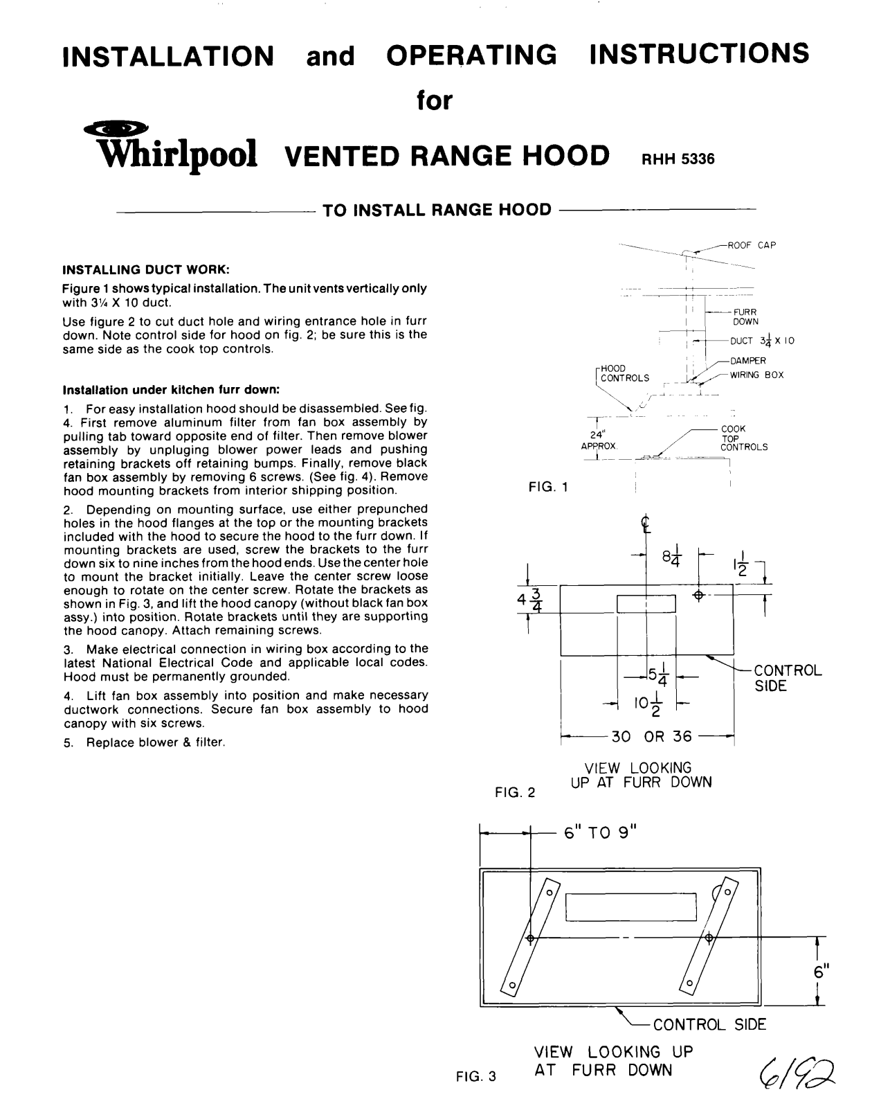 Whirlpool RHH5336 Installation Instructions