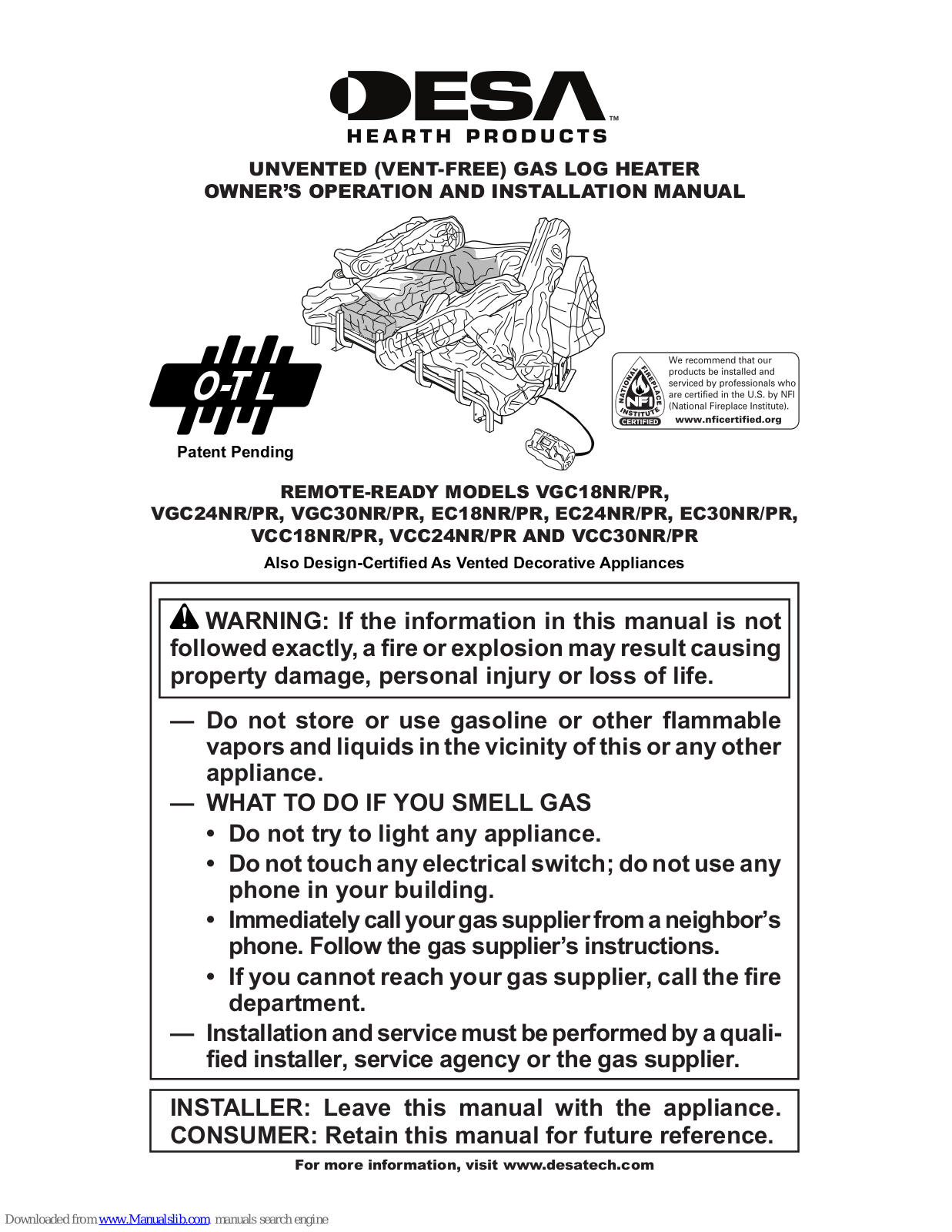 Desa VGC18NR/PR, VGC24NR/PR, EC24NR/PR, EC30NR/PR, VCC18NR/PR Owner's Manual