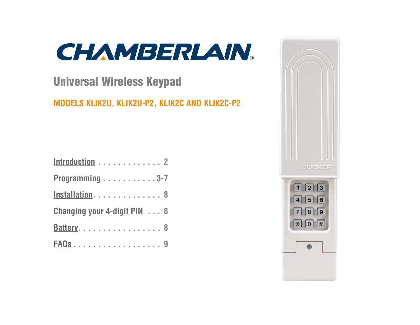 Chamberlain KLIK2U, KLIK2U-P2, KLIK2C, KLIK2C-P2 Installation Manual