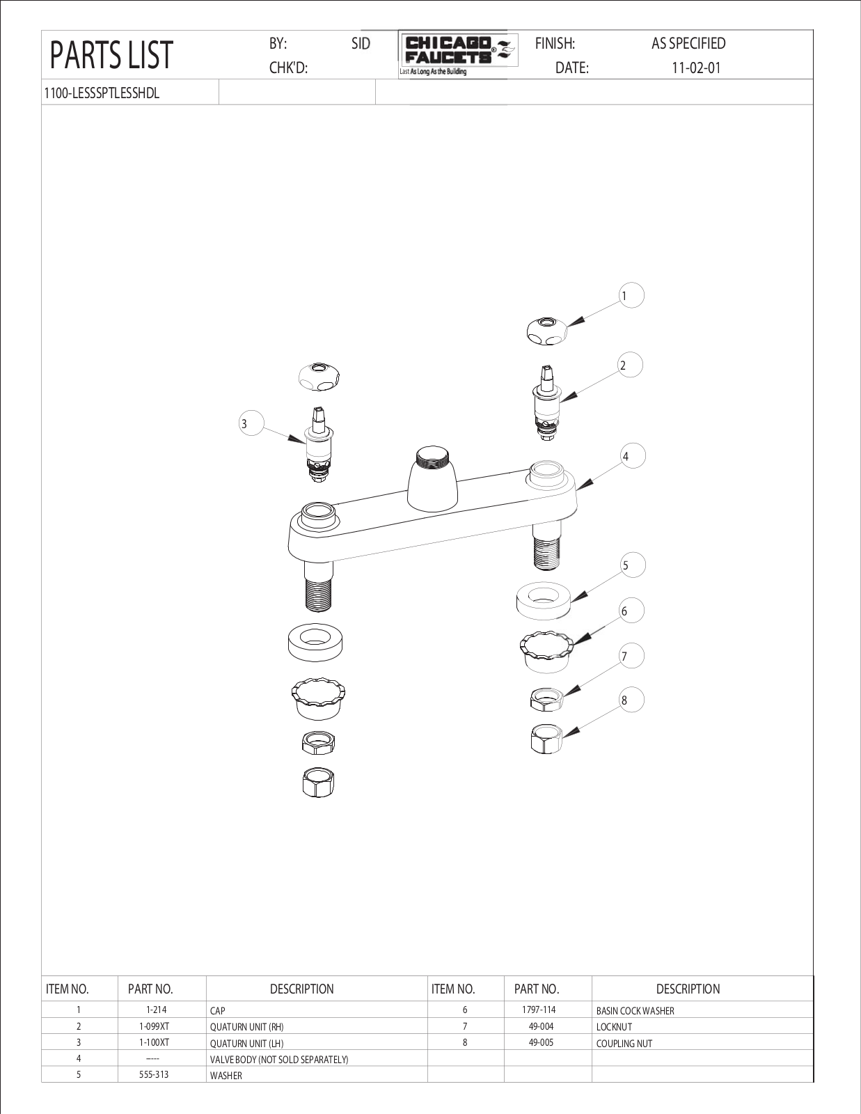 Chicago Faucet 1100-LESSSPTLESSHDLCP Parts List