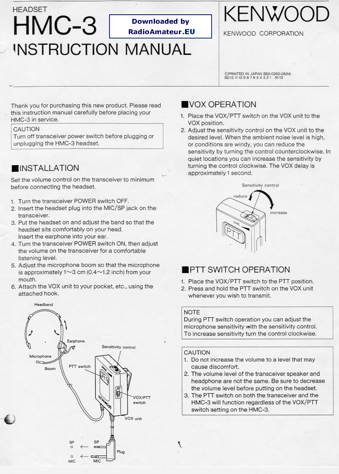 Kenwood HMC-3 - Headset - Vertical Instruction Manual