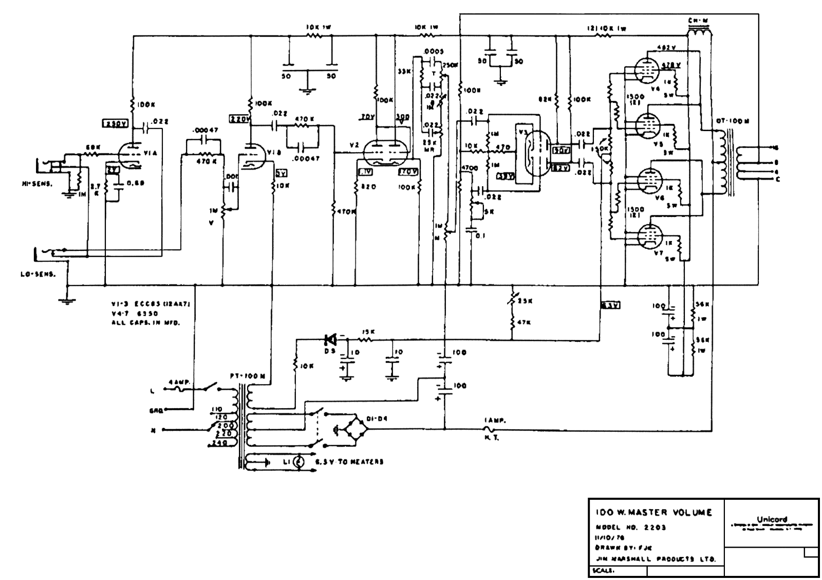 Marshall 2203-100W-Master-Volume Schematic