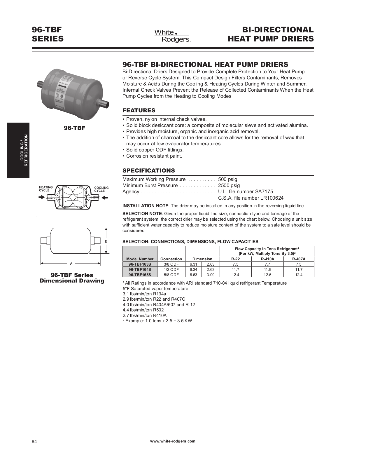 White Rodgers 96-TBF083S, 96-TBF163S, 96-TBF164S Catalog Page