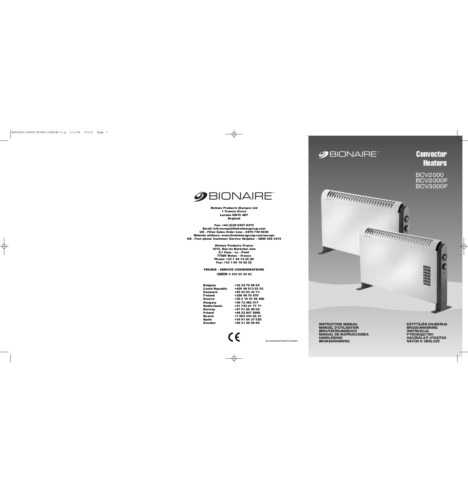 Bionaire BCV2000F, BCV3000F, BCV2000 User Manual