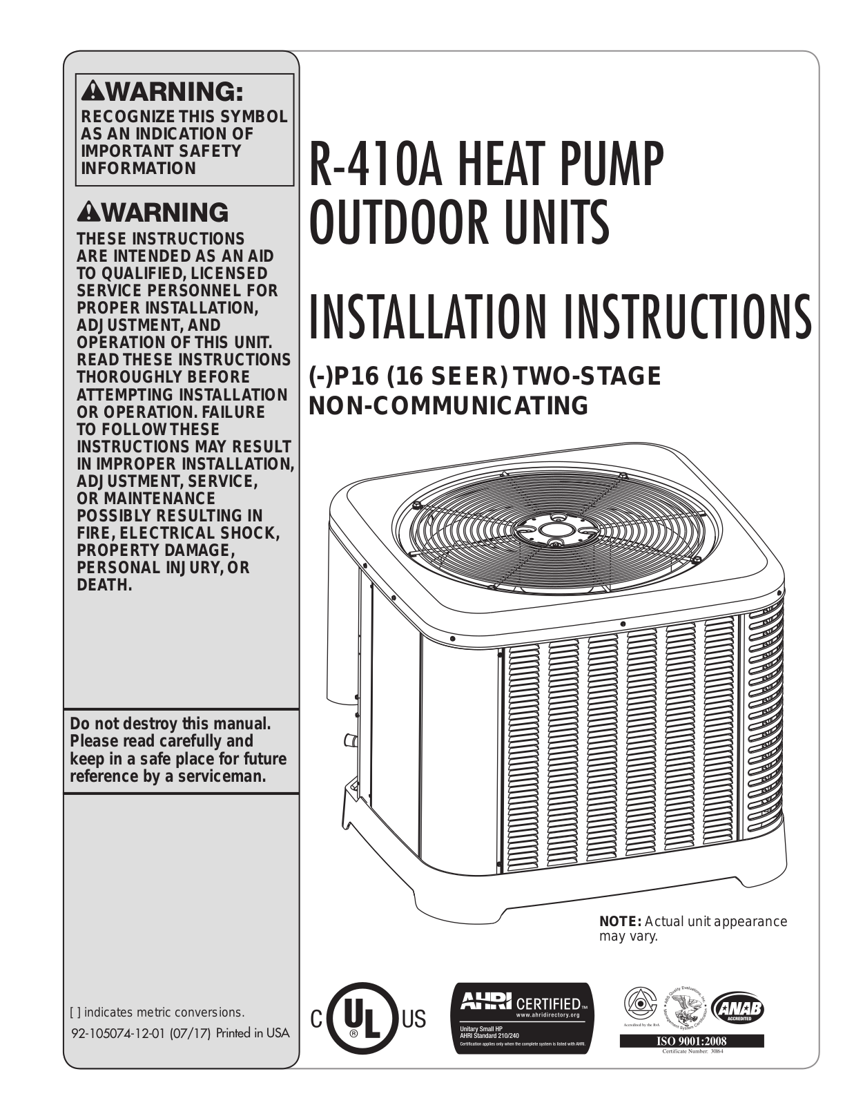 Rheem RP16 Installation Manual