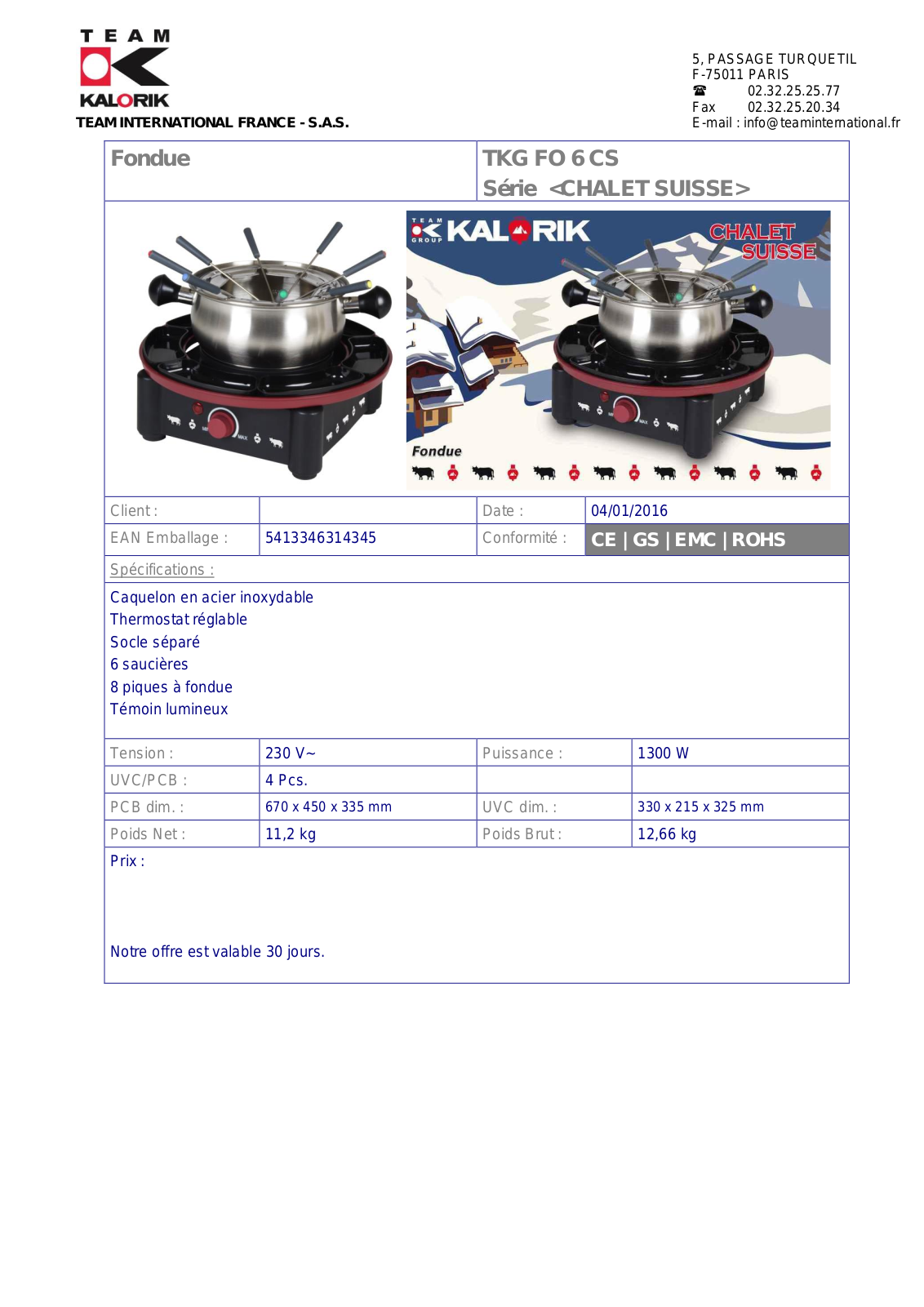 Kalorik TKG FO 6 CS product sheet