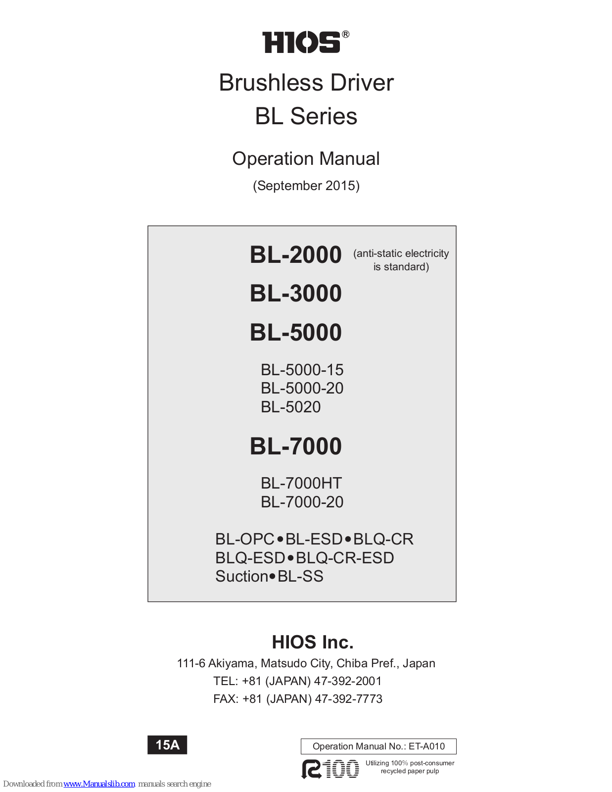 HIOS BL-2000, BL-3000, BL-5000, BL-7000, BL-5000-15 Operation Manual