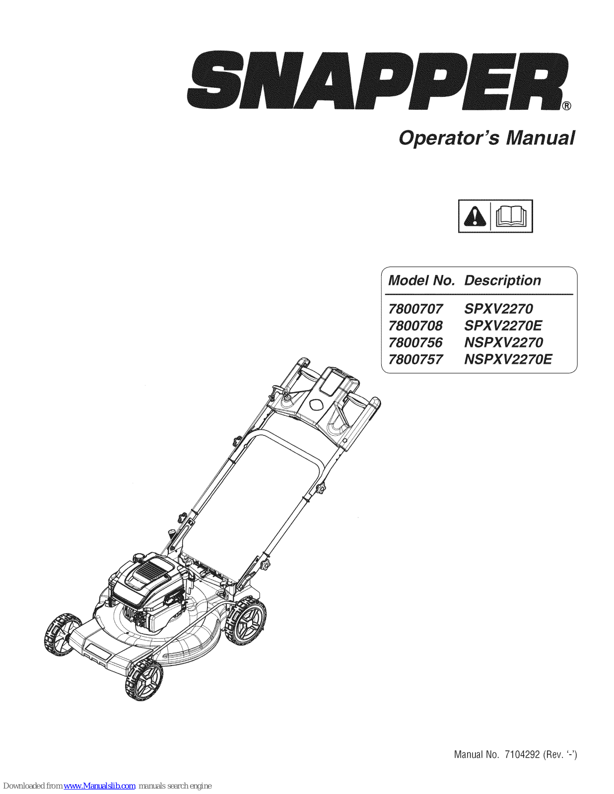Snapper NSXPV2270E, SPXV2270E, NSXPV2270, SPXV2270, 78007O7 Operator's Manual - ManualMachine.com