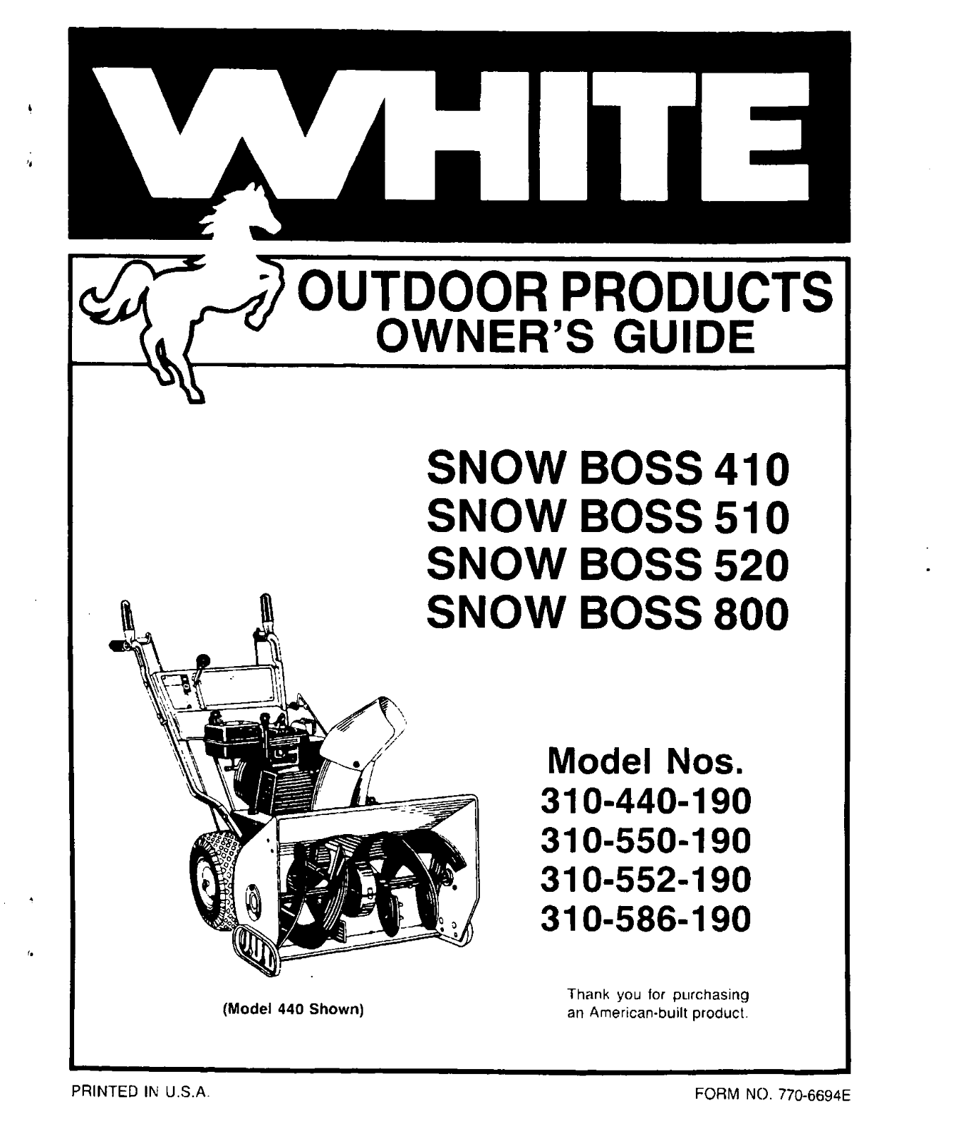 white SNOW BOSS 410, SNOW BOSS 510, SNOW BOSS 800, SNOW BOSS 520 owners Manual