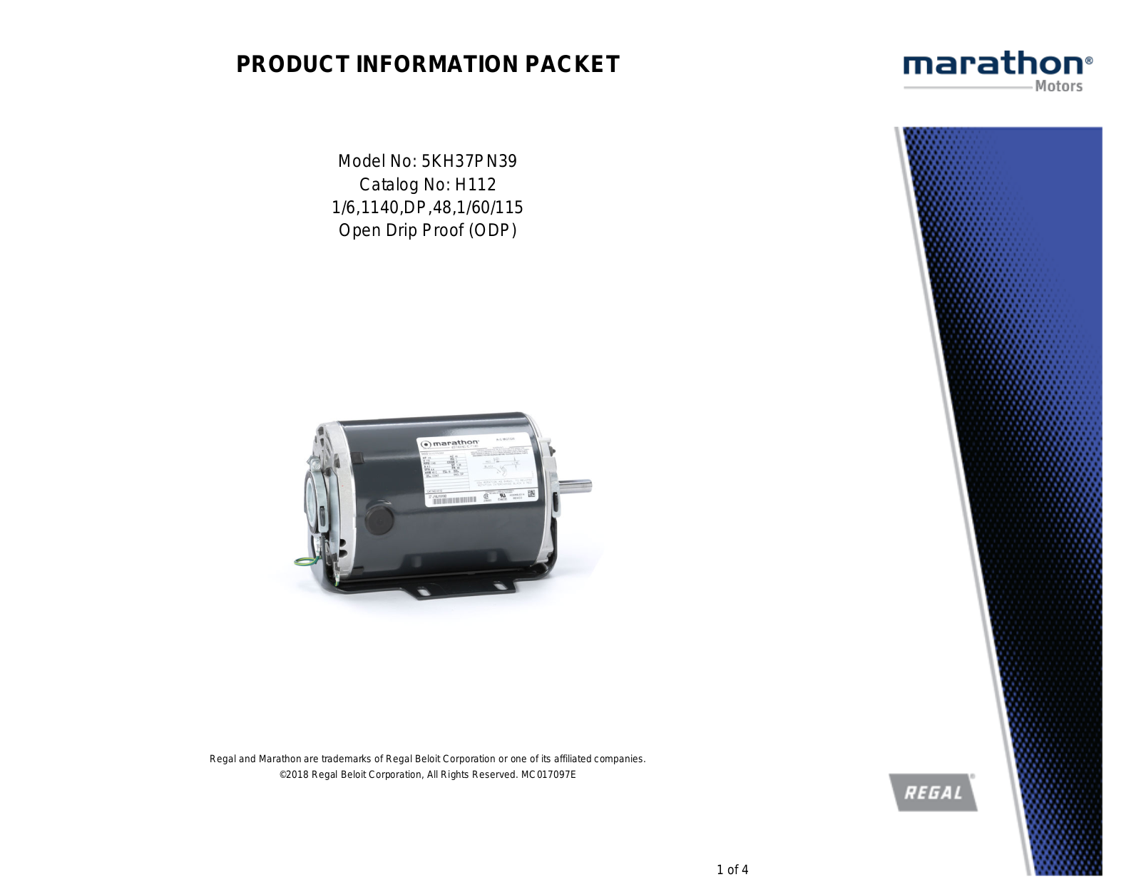 Marathon Electric 5KH37PN39 Product Information Packet