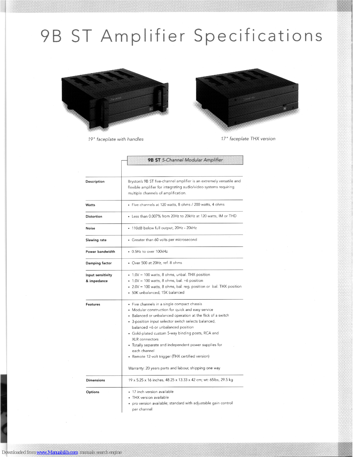 Bryston ST Series 9B ST, 9B ST Specifications