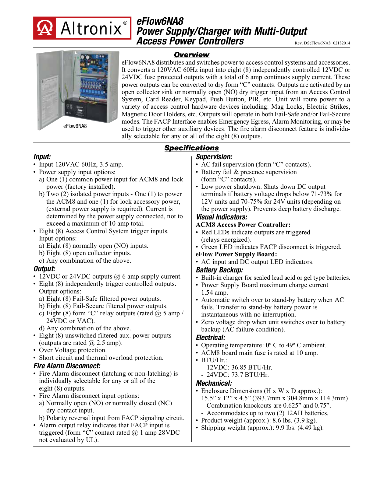 Altronix EFLOW6NA8 Specsheet