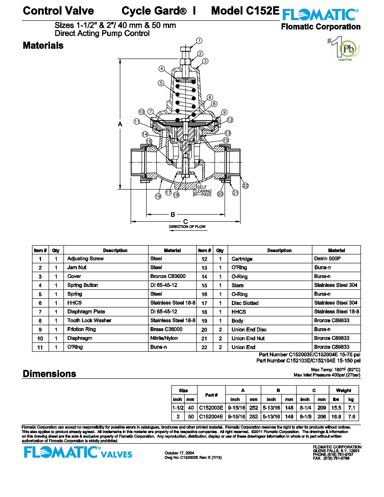 Flomatic C152E Parts List