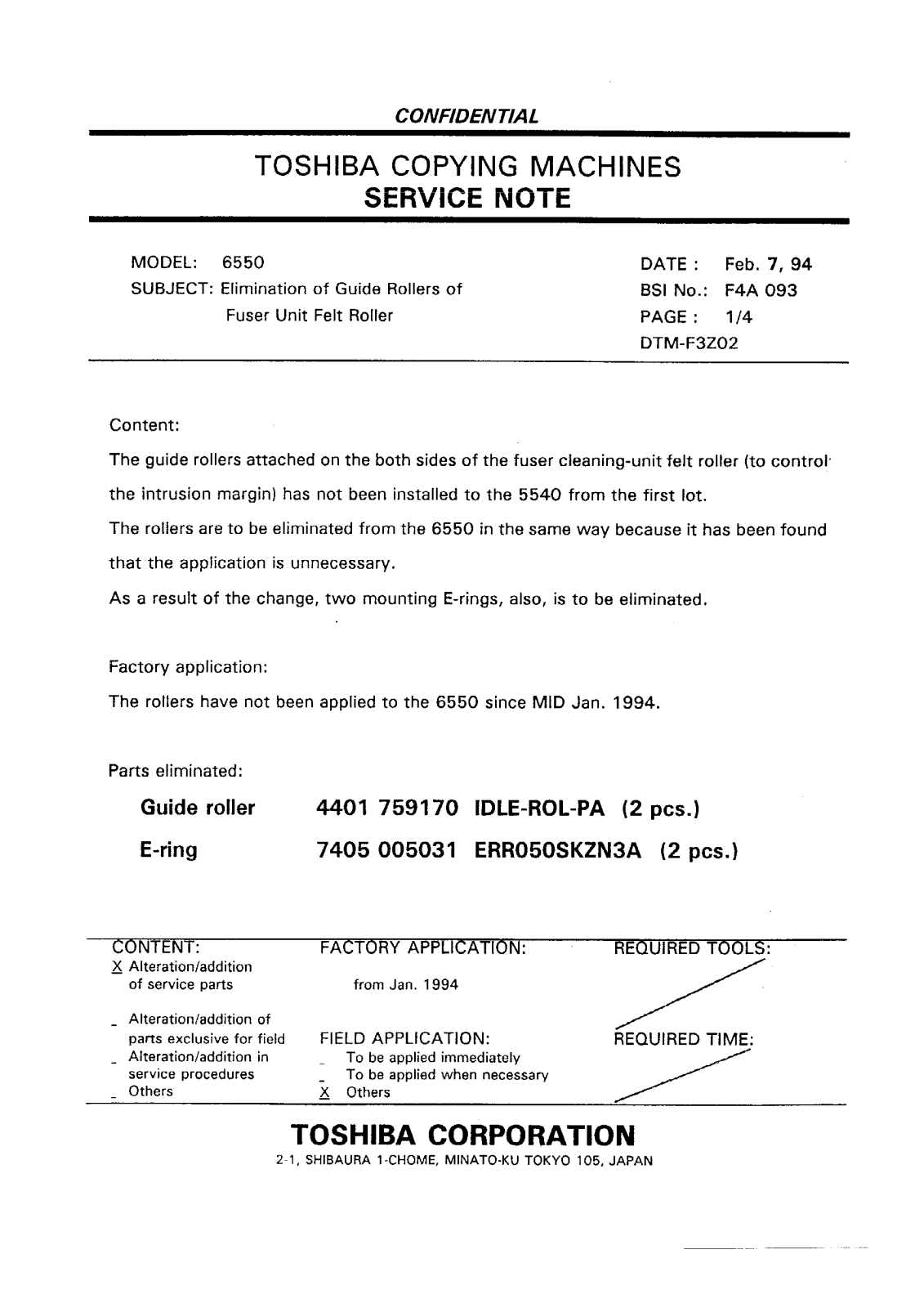 Toshiba f4a093 Service Note