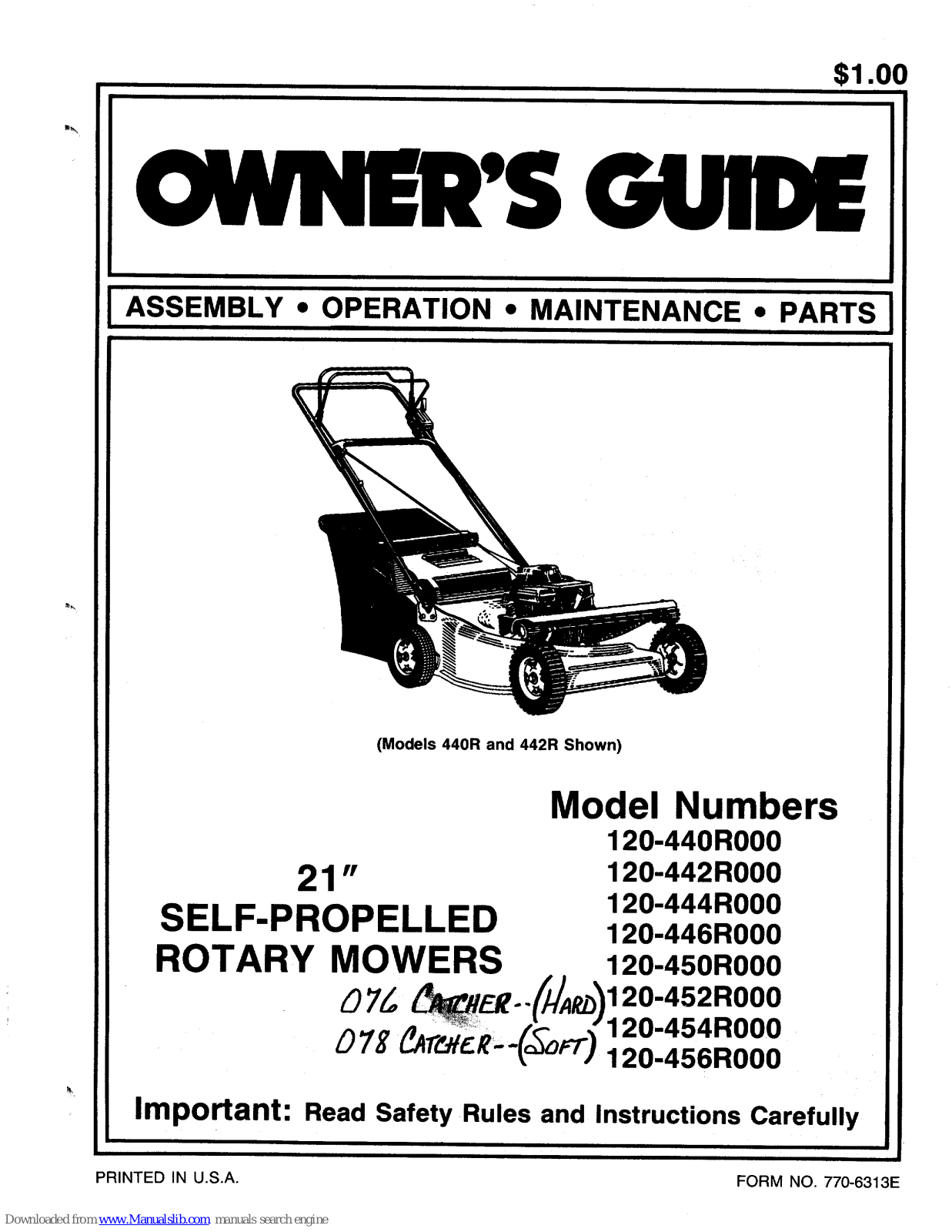 MTD 120-440R000, 120-442R000, 120-444R000, 120-450R000, 120-452R000 Owner's Manual