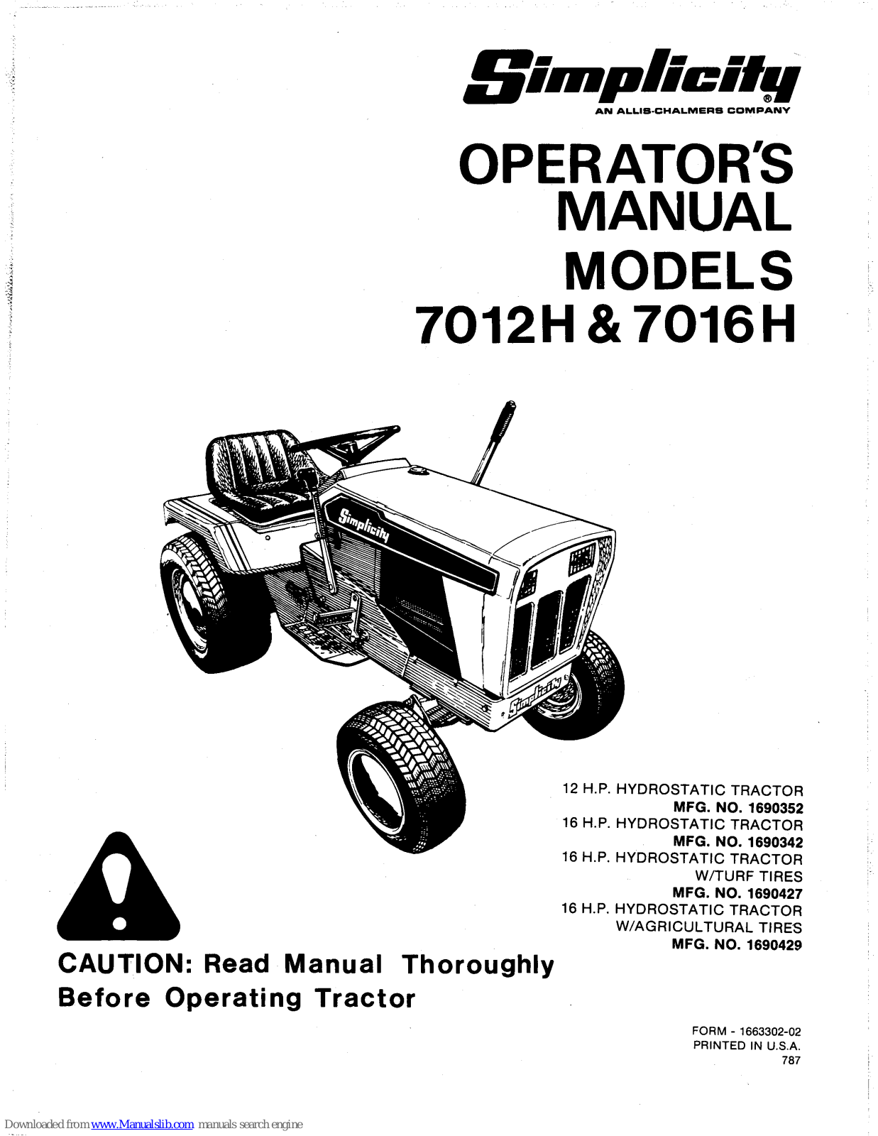 Simplicity 7016H, 1690352, 1690342, 1690427, 1690429 Operator's Manual