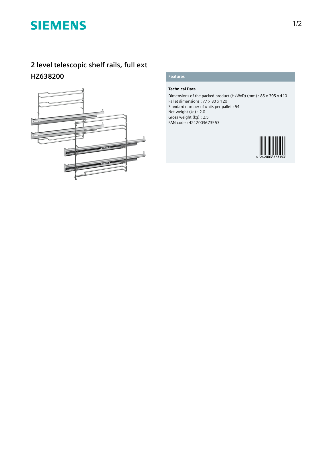 Siemens HZ638200 Specifications Sheet