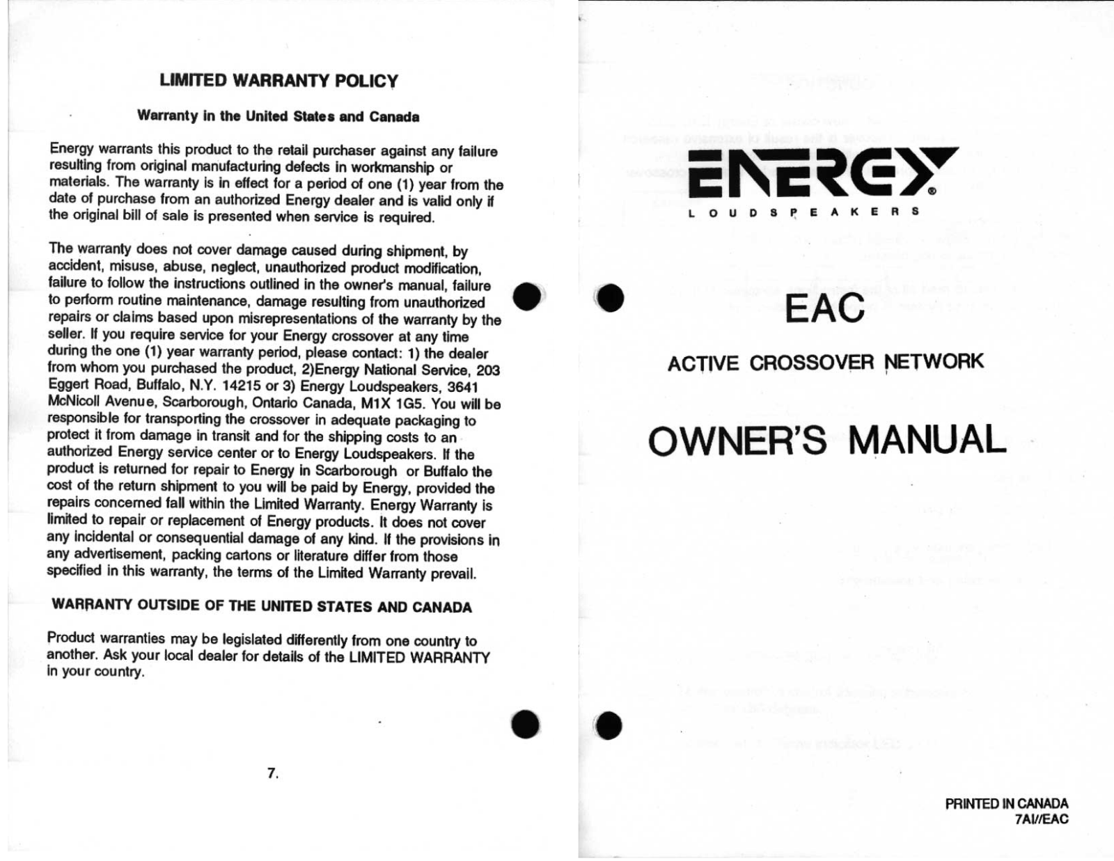 Energy EAC Owners manual