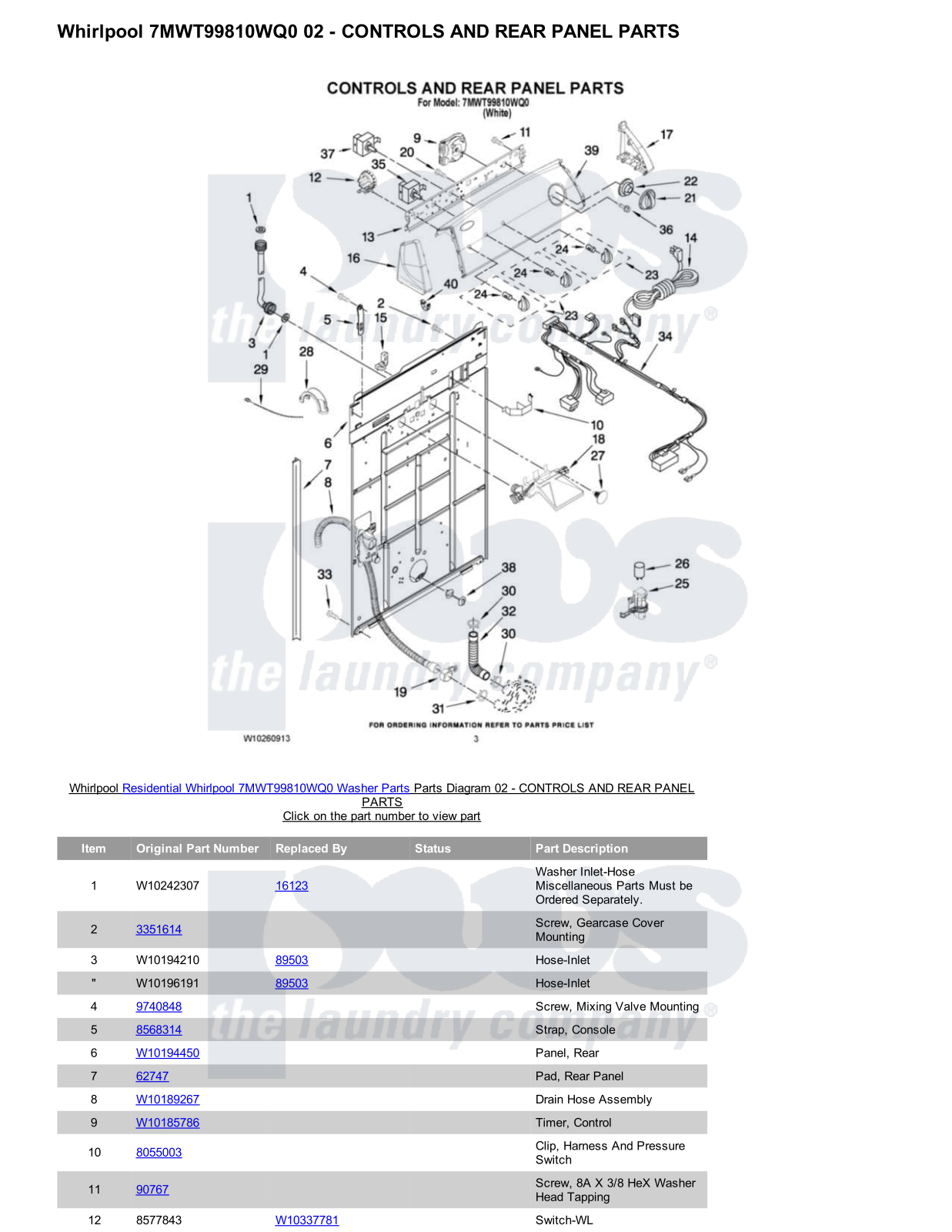 Whirlpool 7MWT99810WQ0 Parts Diagram