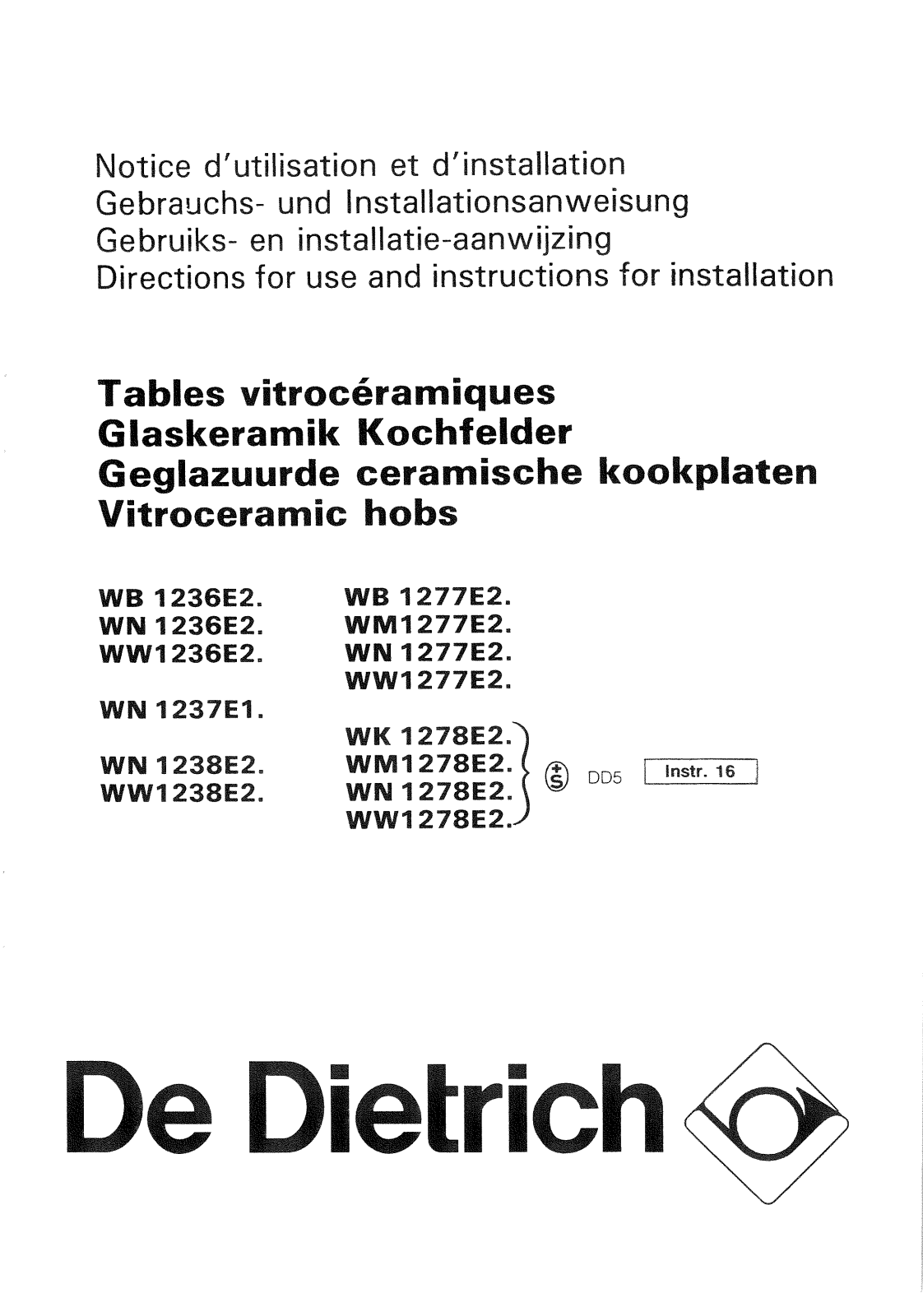 De dietrich WM1277E2, WB1277E2, WN1277E2, WW1277E2, WB1278E2 User Manual